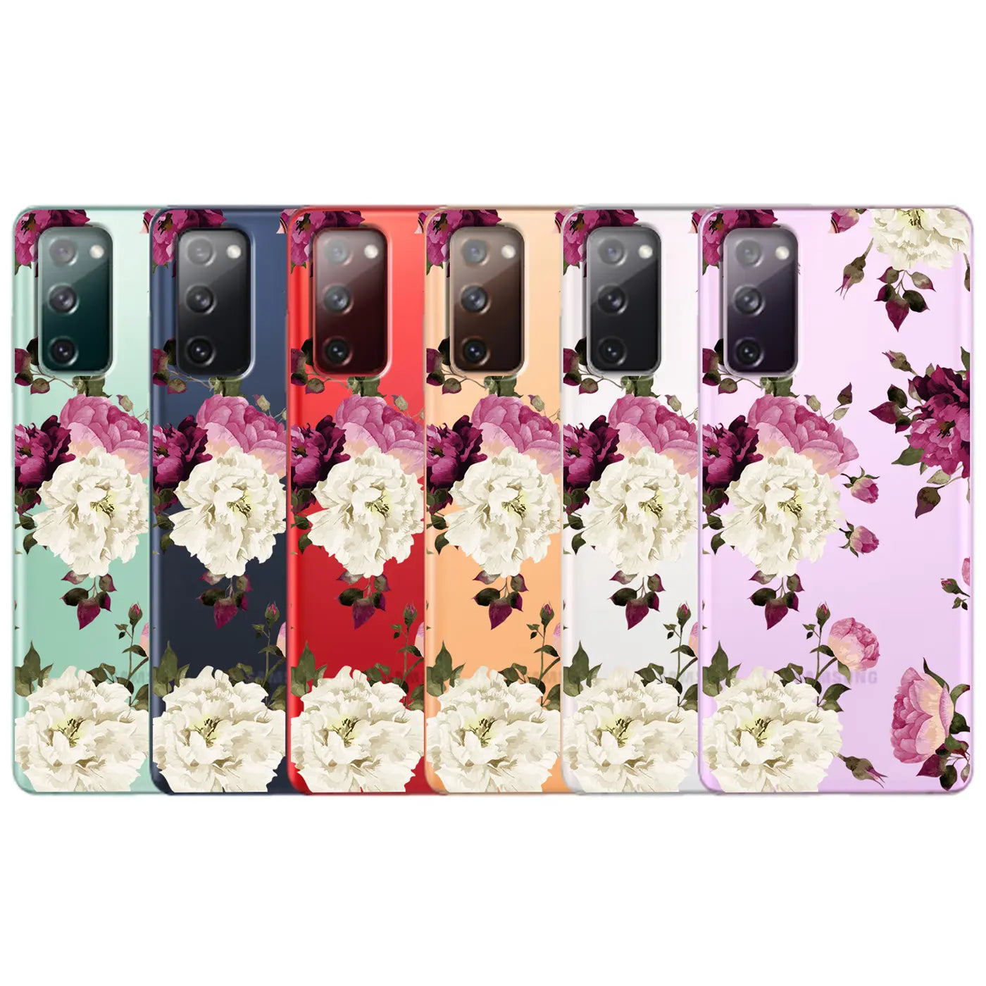 Mehrere Samsung Galaxy S20 Hüllen aus TPU mit Blumenmuster, verschiedene Farben, Frontalansicht
