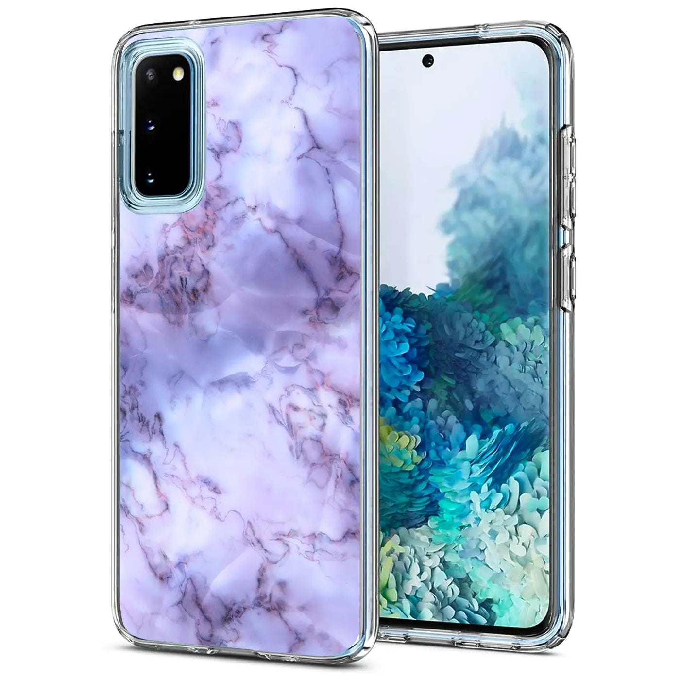 Lila Marmor-TPU-Hülle für Samsung Galaxy S20, Vorderansicht.