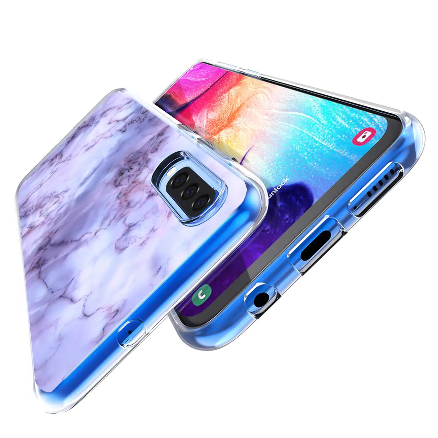 TPU Hülle mit Marmormuster auf Samsung Galaxy S20, von schräg oben.
