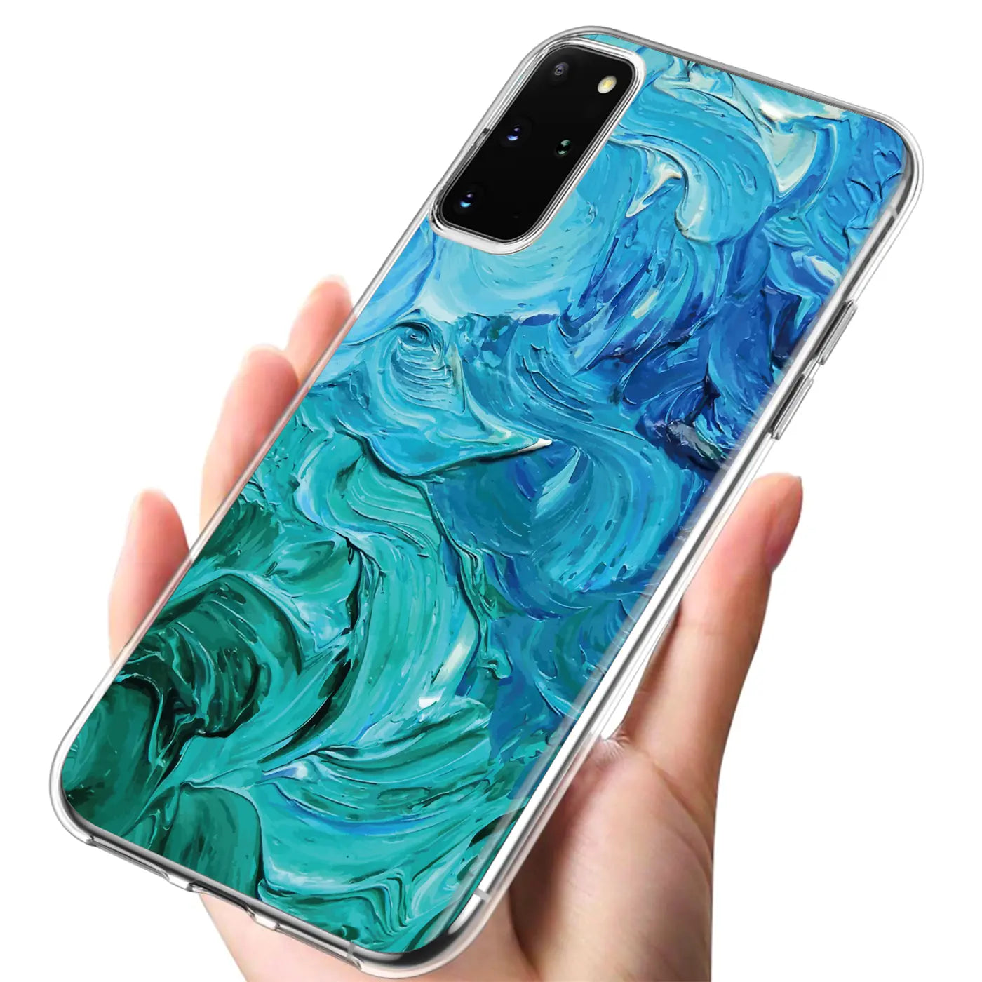 TPU-Hülle mit blau-grünem Farbauftrag-Motiv auf Samsung Galaxy S20 Plus, von oben schräg.