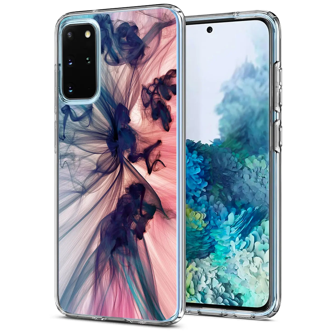 Samsung S20 Plus Hülle aus TPU mit Rauch-Motiv, Vorder- und Rückansicht.