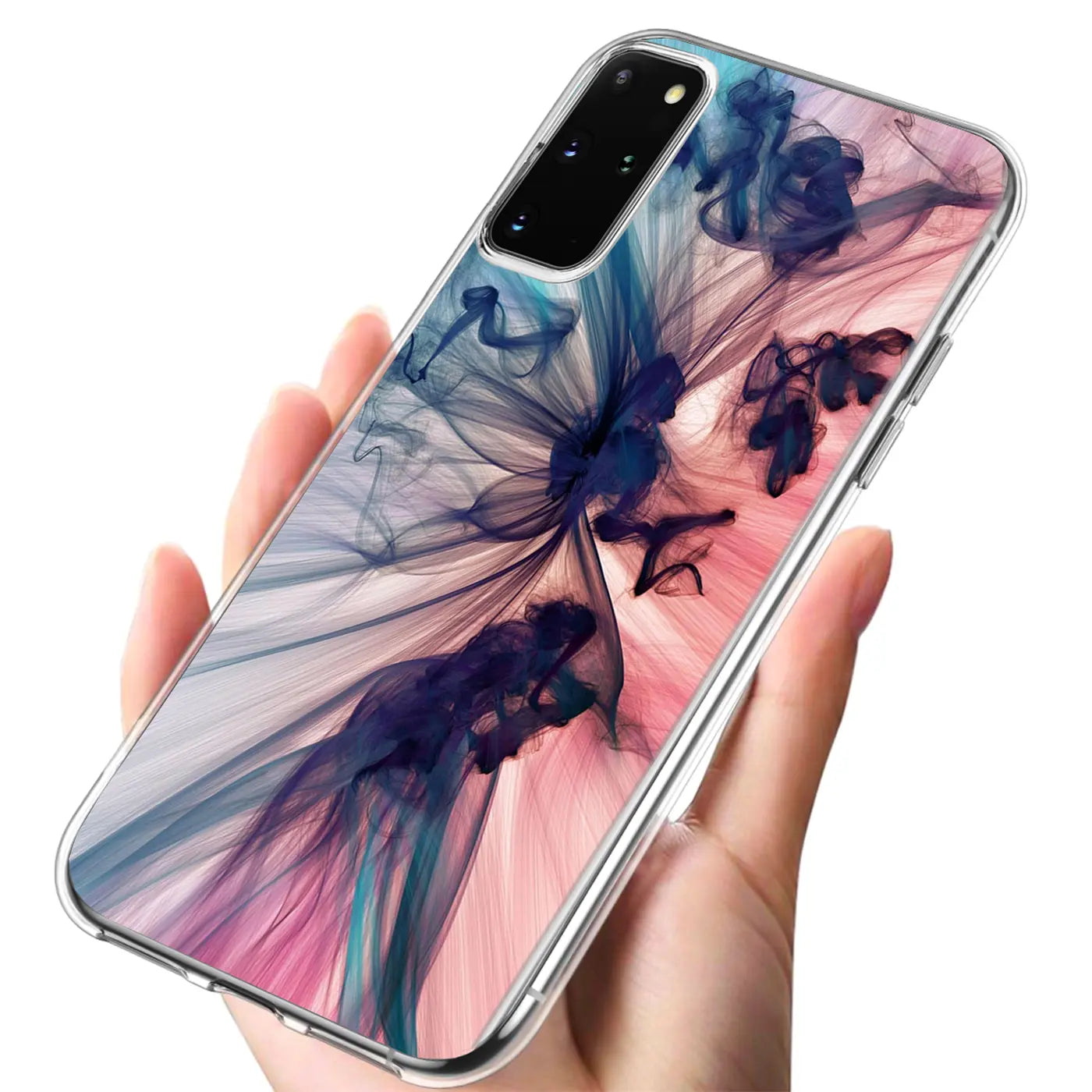 Samsung S20 Plus Hülle, TPU, Rauchmuster, blau/pink, von vorne schräg