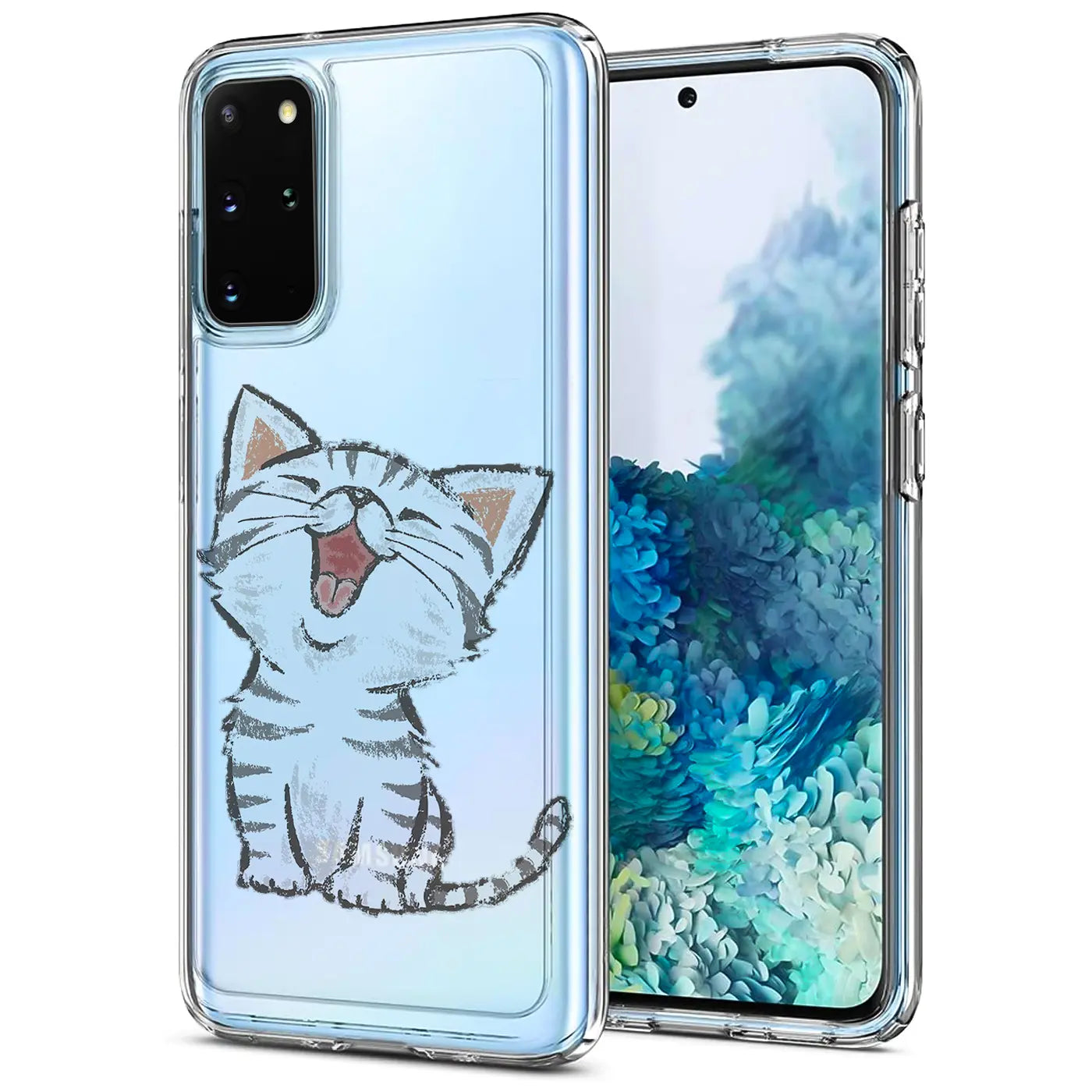 Samsung S20 Plus Hülle aus transparentem TPU mit Katzenmotiv, von vorne.