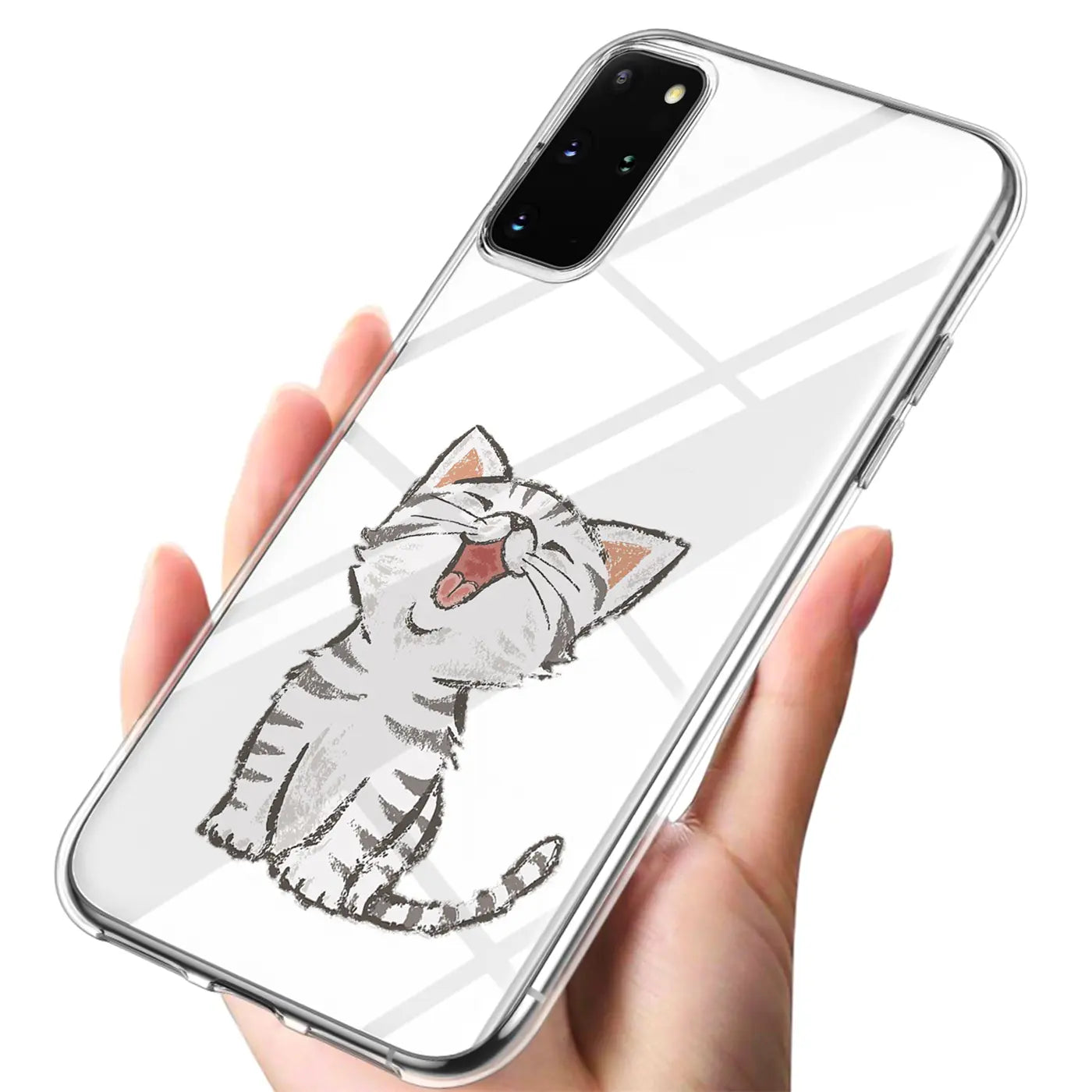 Transparente TPU-Hülle mit Katzenmotiv auf Samsung Galaxy S20 Plus, von vorne schräg