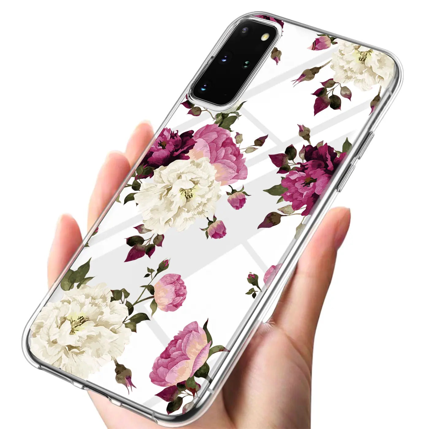 Samsung Galaxy S20 Plus Hülle aus TPU mit Blumenmuster, von schräg oben gezeigt.