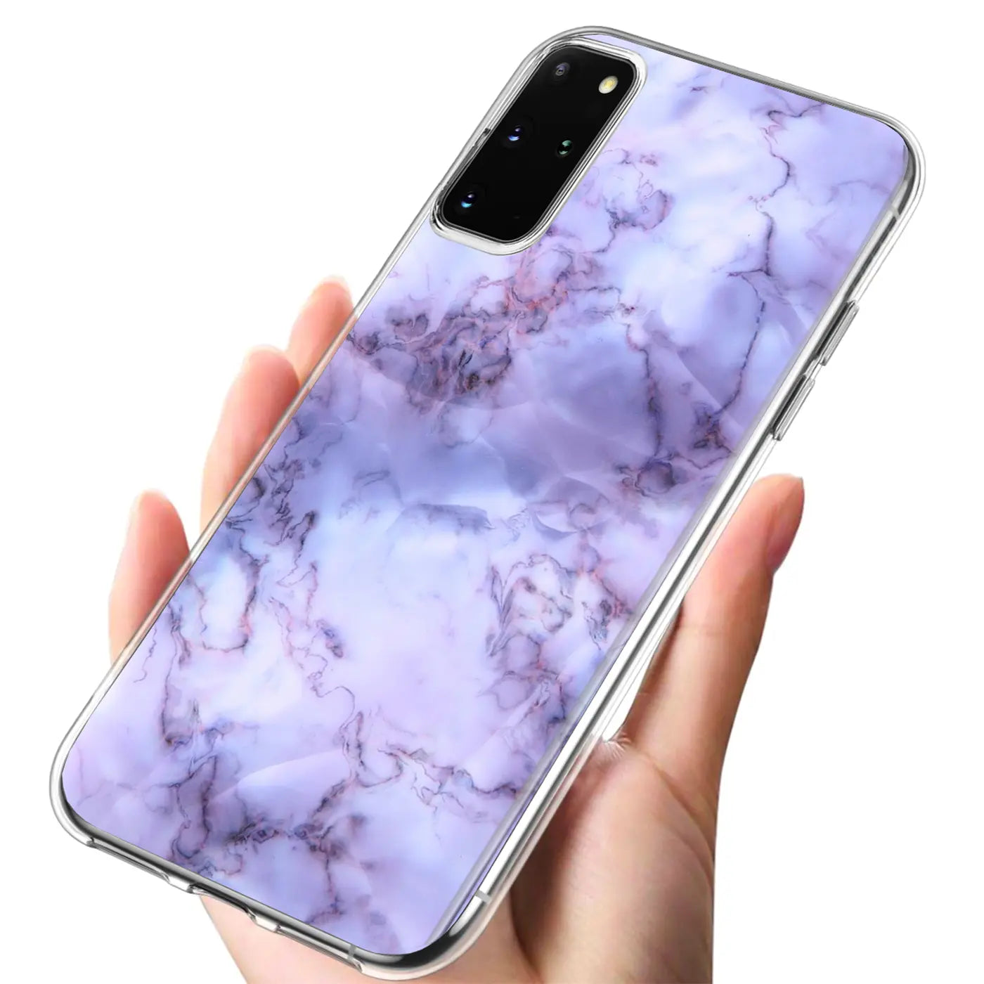 Lila Marmor-TPU-Hülle auf Samsung Galaxy S20 Plus, von oben rechts gesehen.