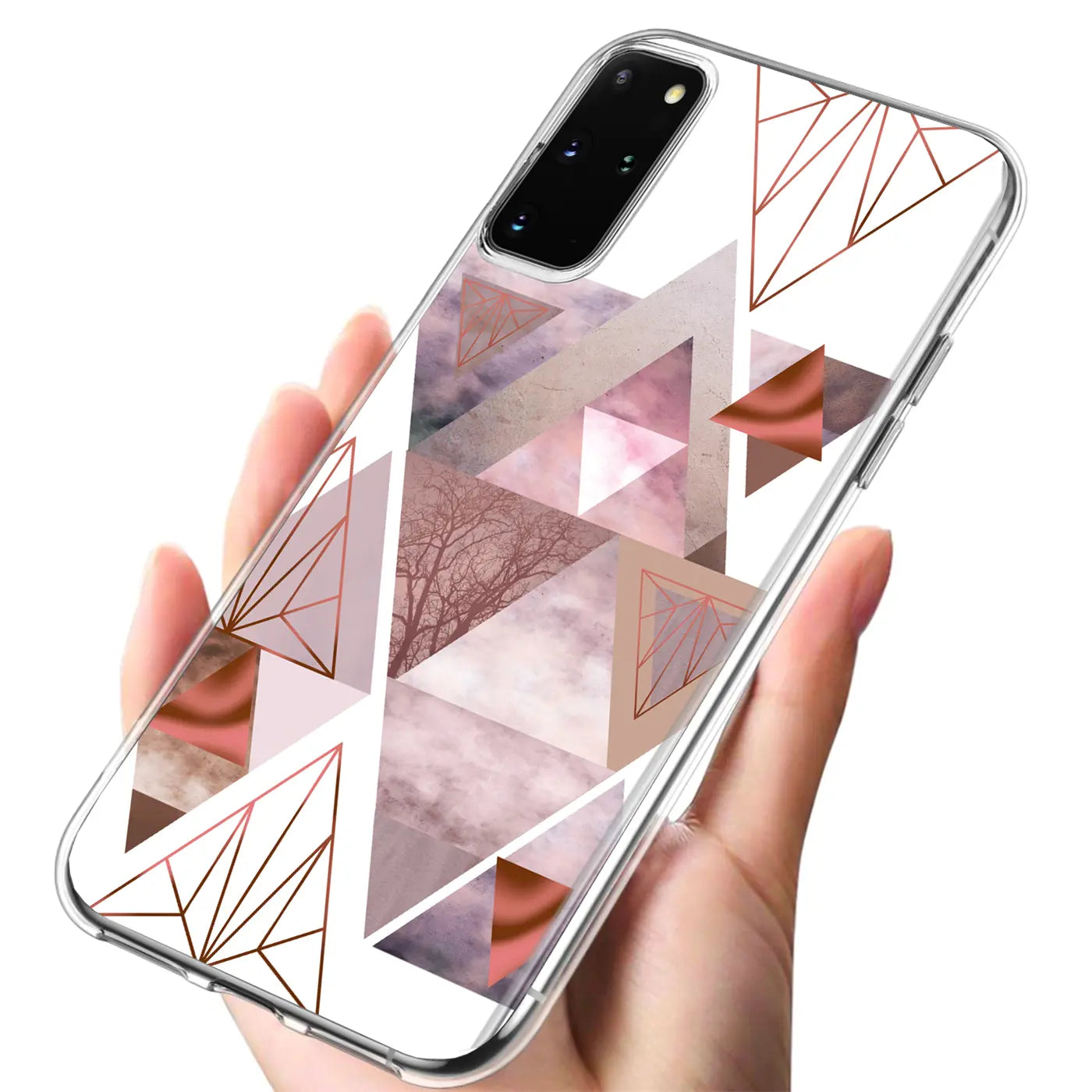 Samsung Galaxy S20 Plus Hülle, transparentes TPU, geometrisches Muster, rosa/grau, von vorne leicht schräg