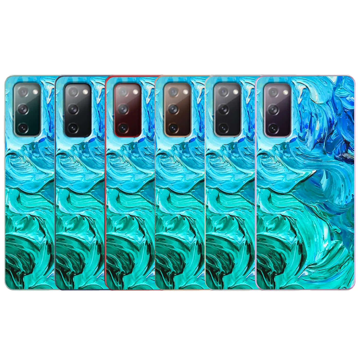 Fünf TPU-Hüllen für Samsung Galaxy S20 Ultra mit blau-grünem Motivdruck, von vorne gesehen.