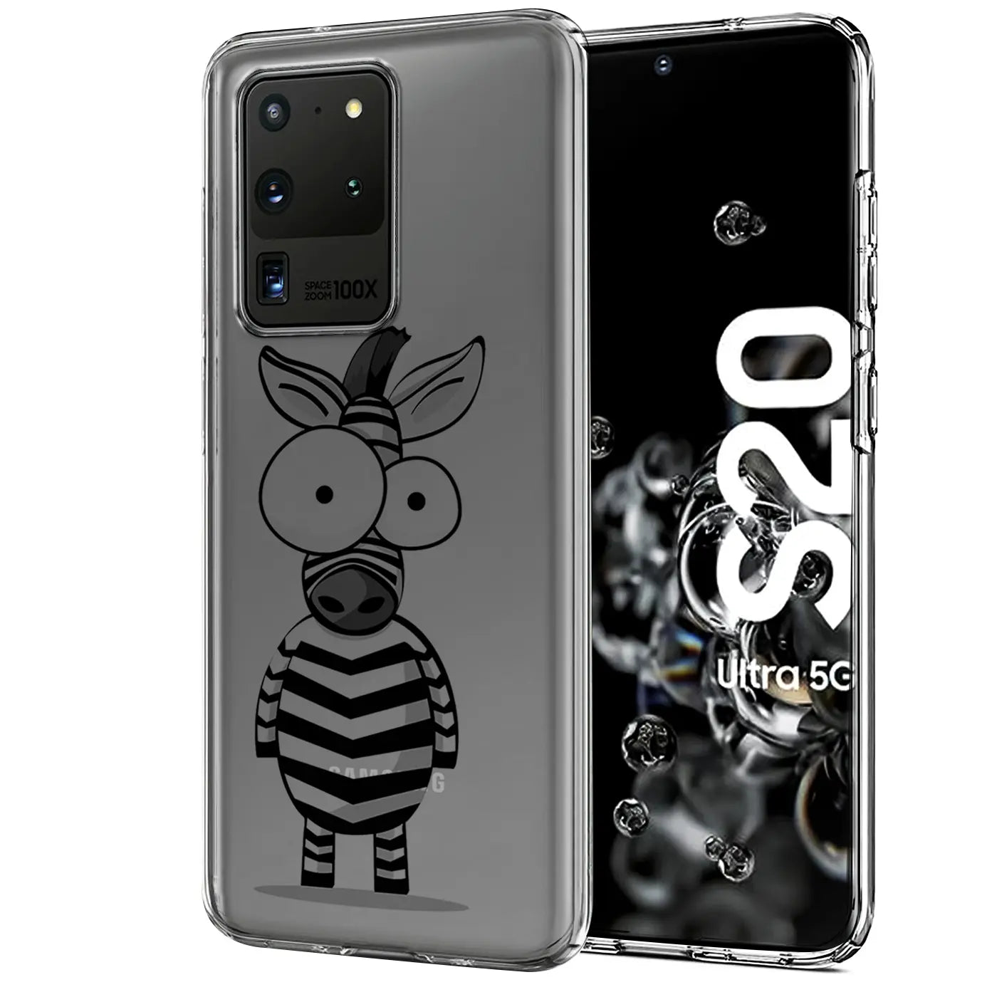 Transparente TPU-Hülle mit Zebra-Motiv auf Samsung Galaxy S20 Ultra, Vorderansicht.
