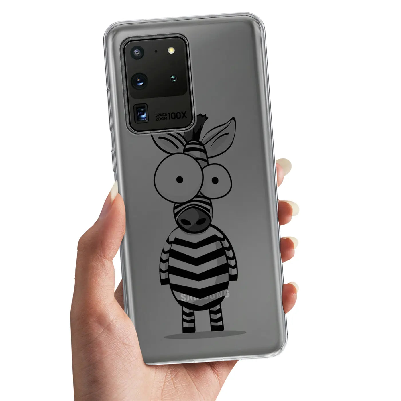 Samsung S20 Ultra Hülle, transparentes TPU, Motivdruck Zebra, von vorne gehalten