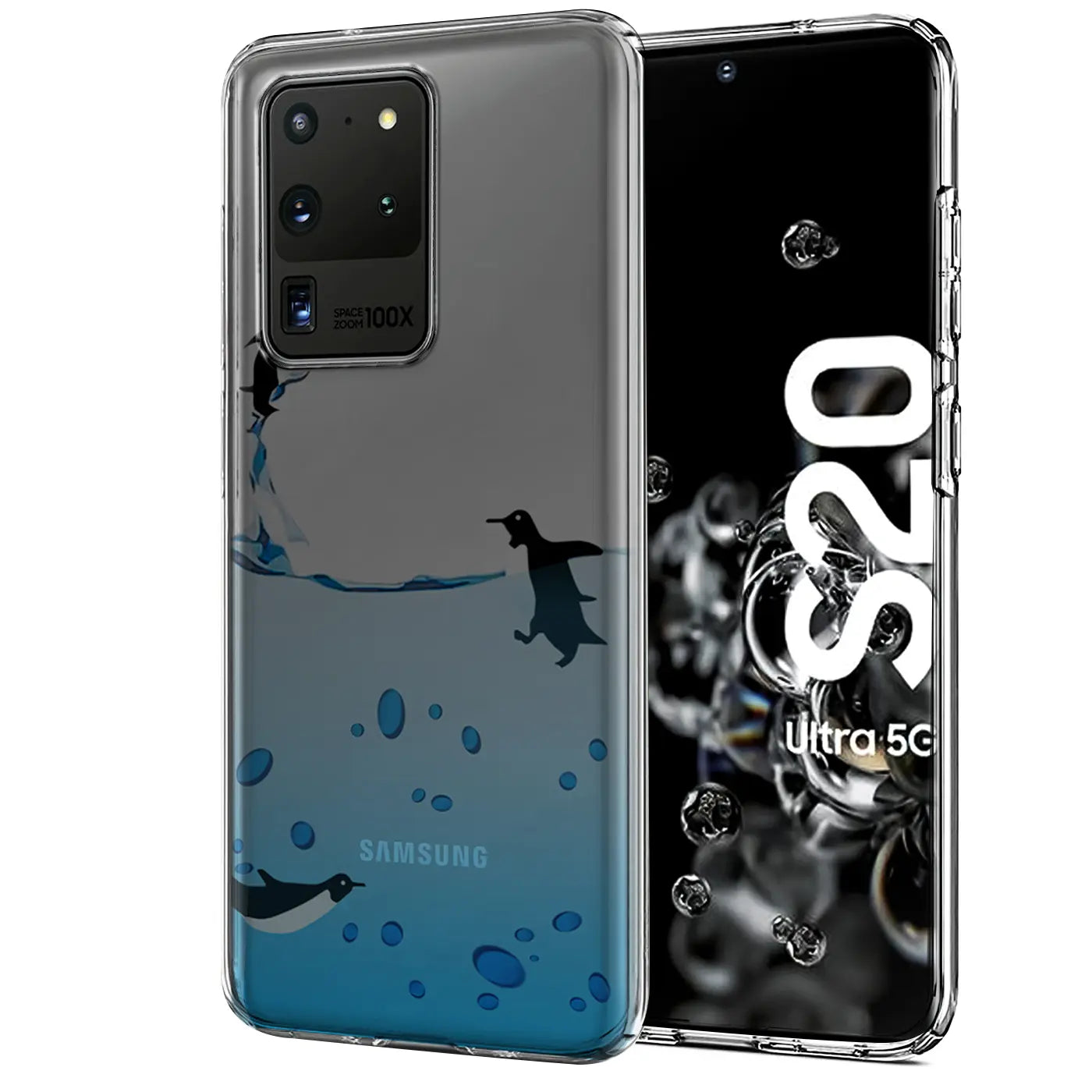 Samsung S20 Ultra Hülle, transparentes TPU, Pinguinmotiv, von vorne links