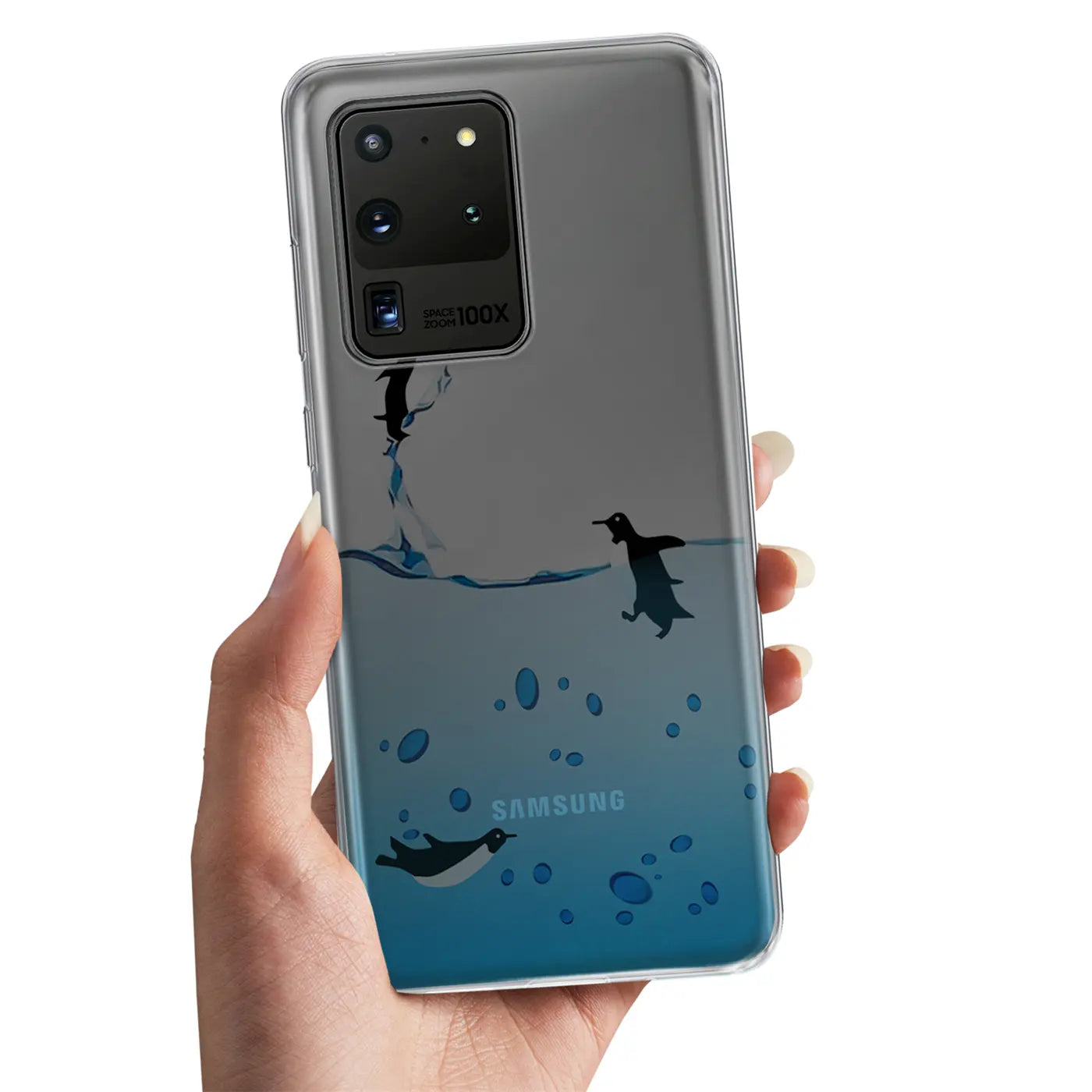 Samsung S20 Ultra TPU Hülle, transparent, mit Pinguin-Motiv, von vorne gehalten.