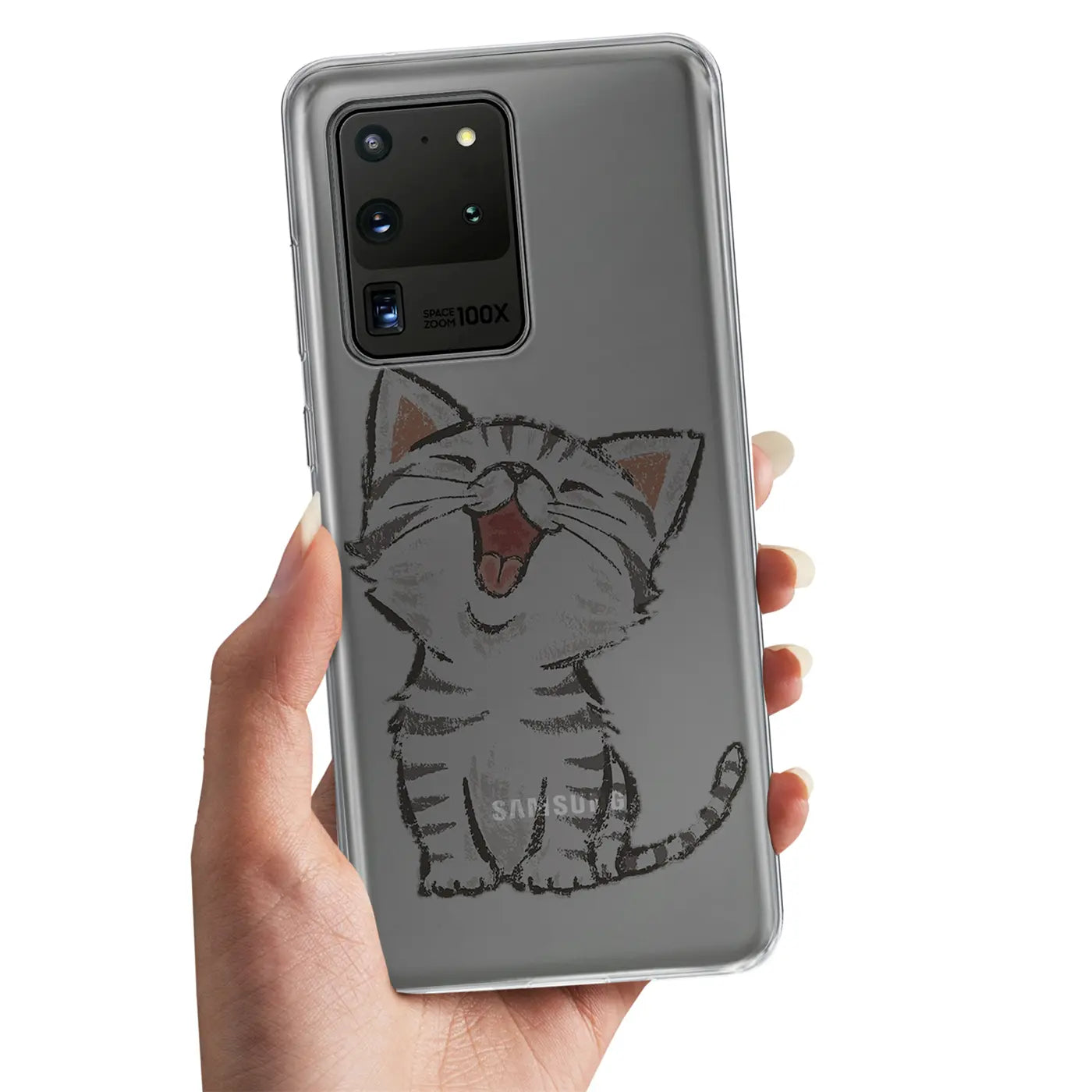 Transparente TPU-Hülle mit Katzenmotiv für Samsung S20 Ultra, von vorne gezeigt.