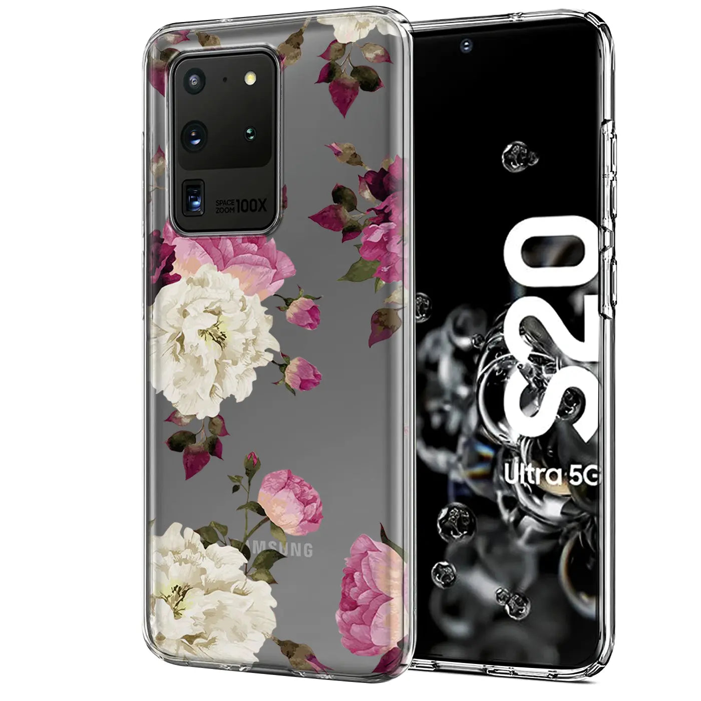 Samsung S20 Ultra TPU Hülle, transparent, mit Blumenmotiv, von vorne.