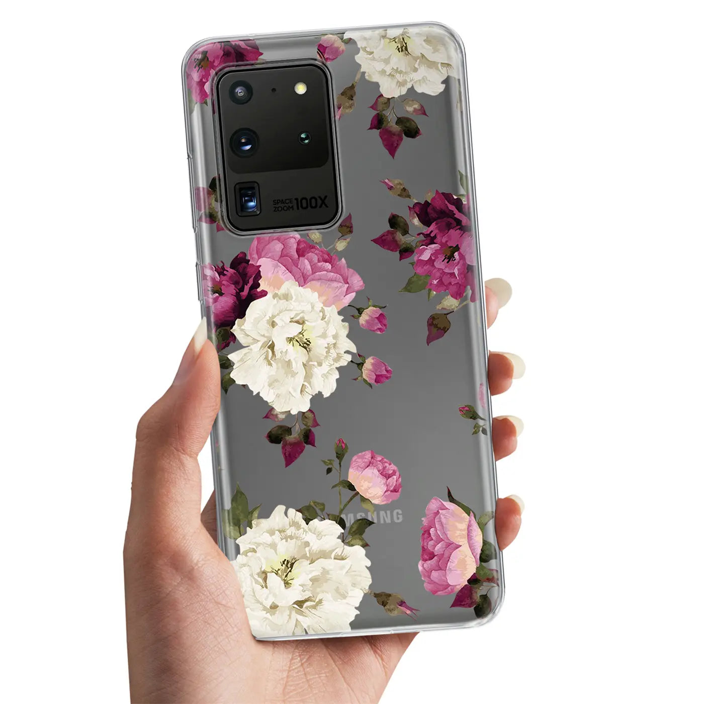 Samsung S20 Ultra TPU Hülle, transparent, mit Blumenmuster, von vorne gehalten.