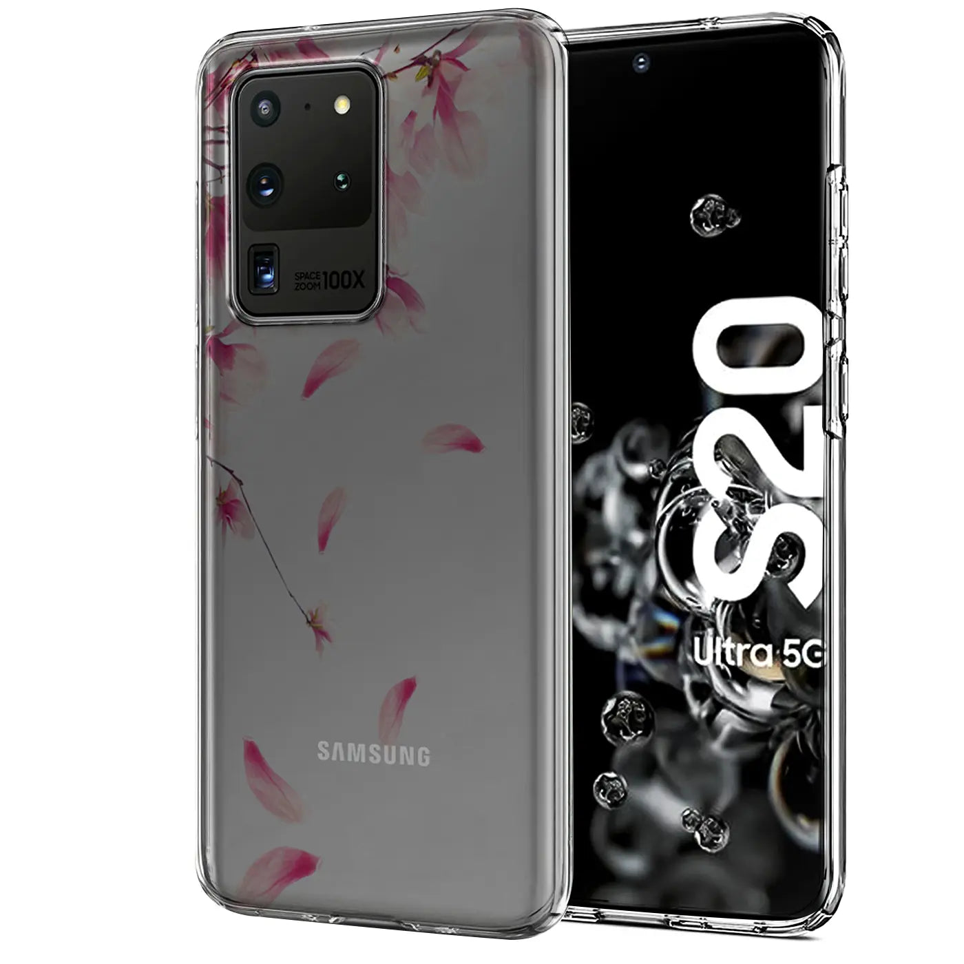 Samsung S20 Ultra mit transparentem TPU-Case, Motivdruck: rosa Blütenblätter. Von vorne und hinten.