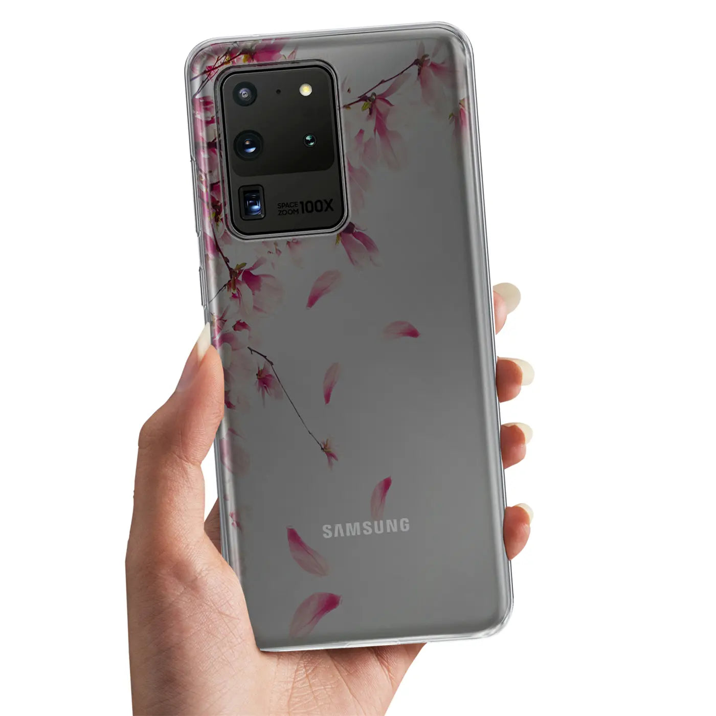 Samsung Galaxy S20 Ultra mit transparenter TPU-Hülle, Motiv: rosa Blüten, von vorne gehalten.
