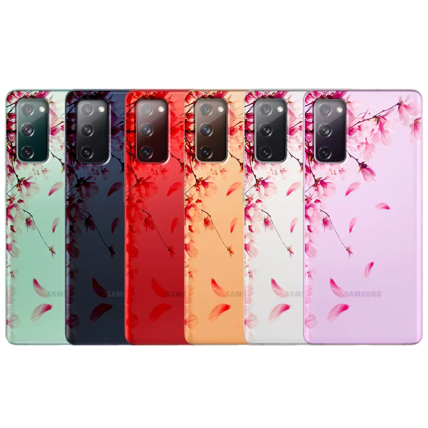 Fünf Samsung S20 Ultra Hüllen aus TPU mit Blumenmuster, von vorne gesehen.