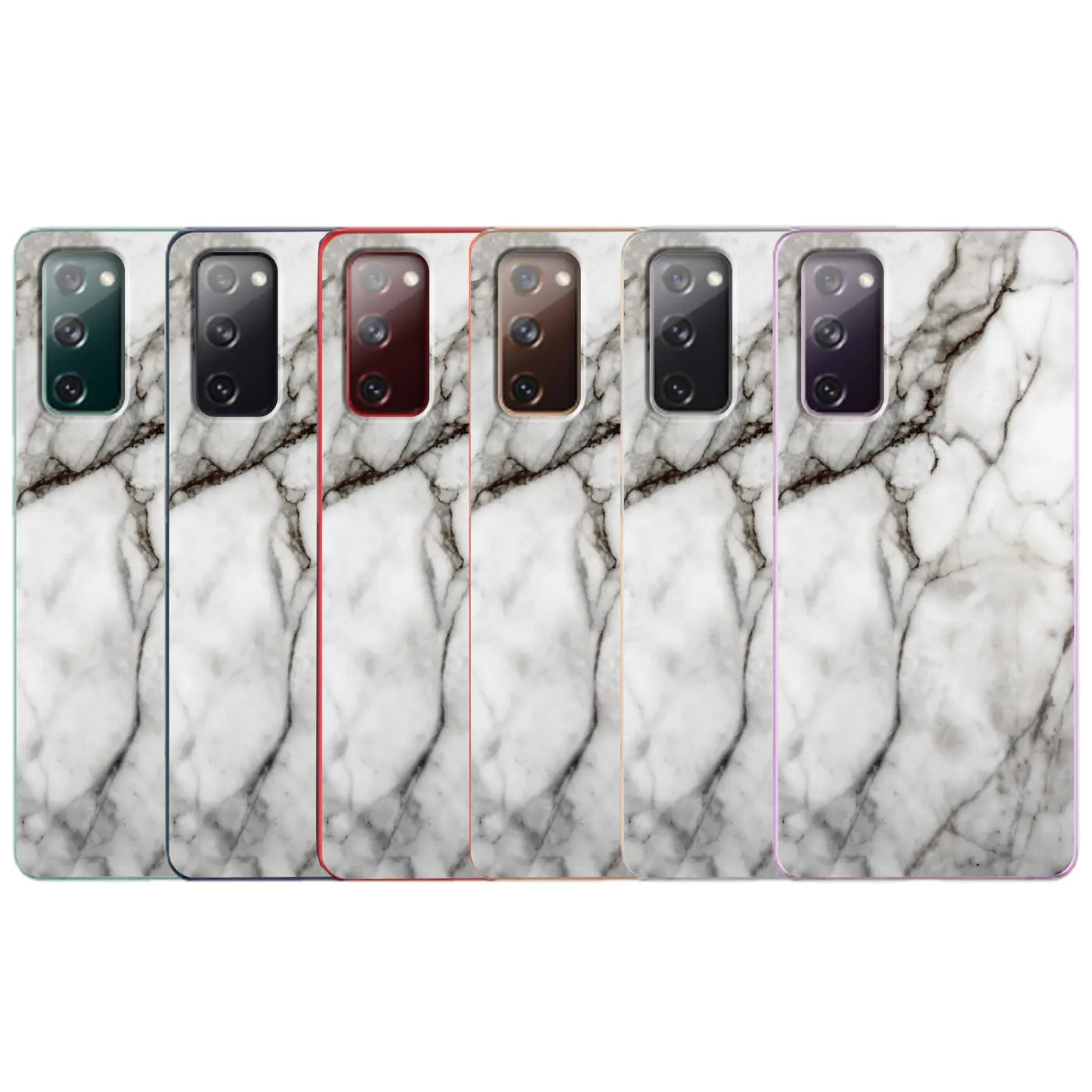 Fünf Samsung Galaxy S20 Ultra Hüllen mit Marmorprint, TPU, von vorne gesehen.