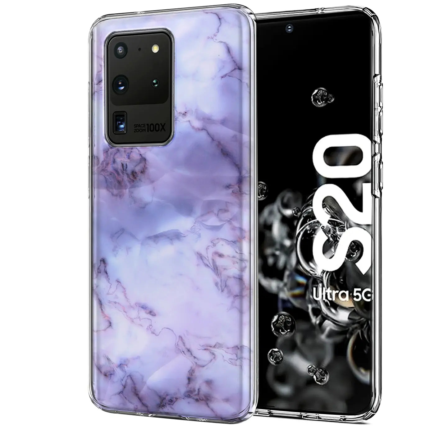 Samsung Galaxy S20 Ultra Hülle, lila Marmor-TPU, Vorder- und Rückansicht