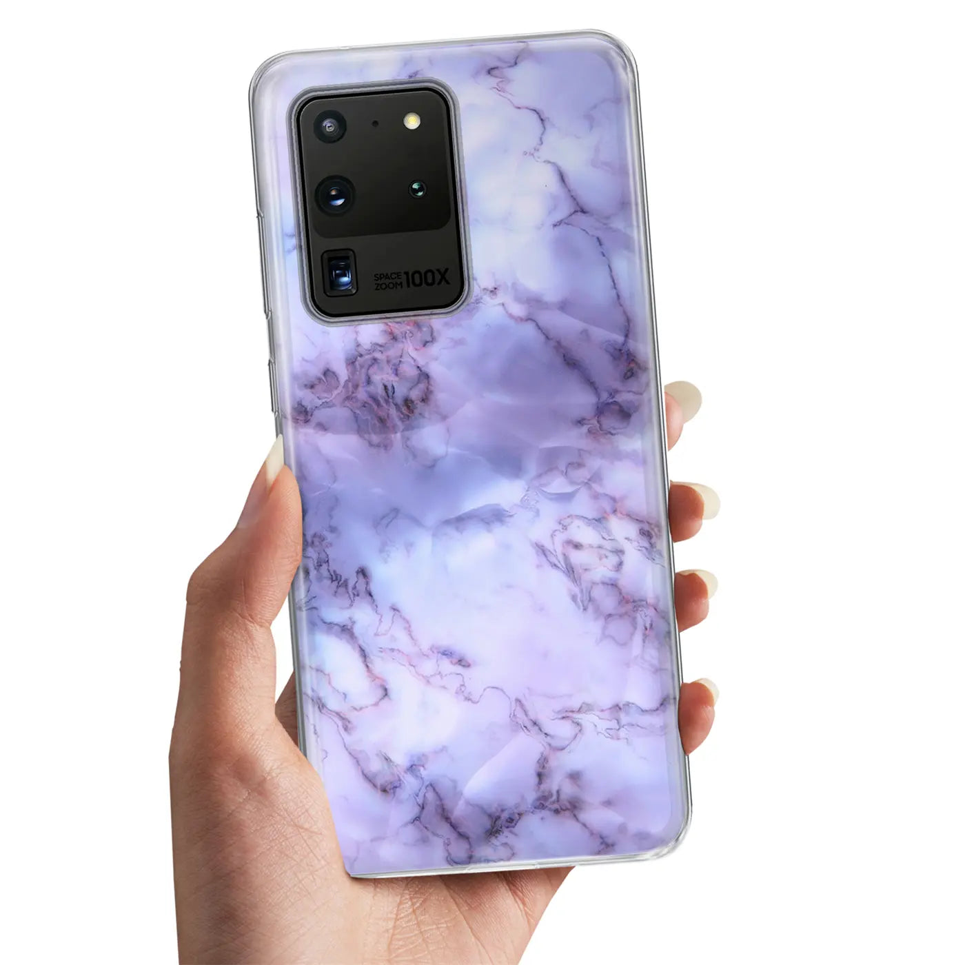 Samsung S20 Ultra mit lila Marmor TPU Hülle, von vorne gehalten