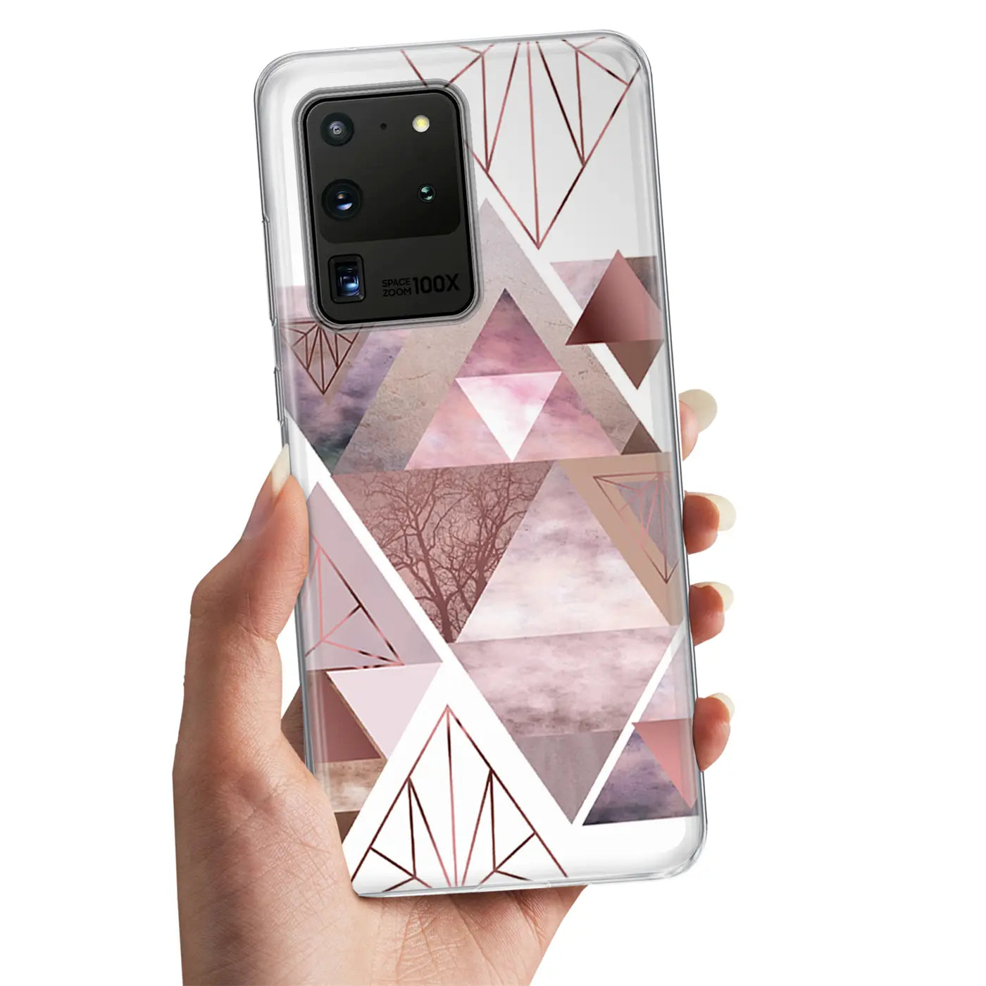 Samsung S20 Ultra Hülle aus TPU mit geometrischem Roségold-Muster, von vorne gehalten.