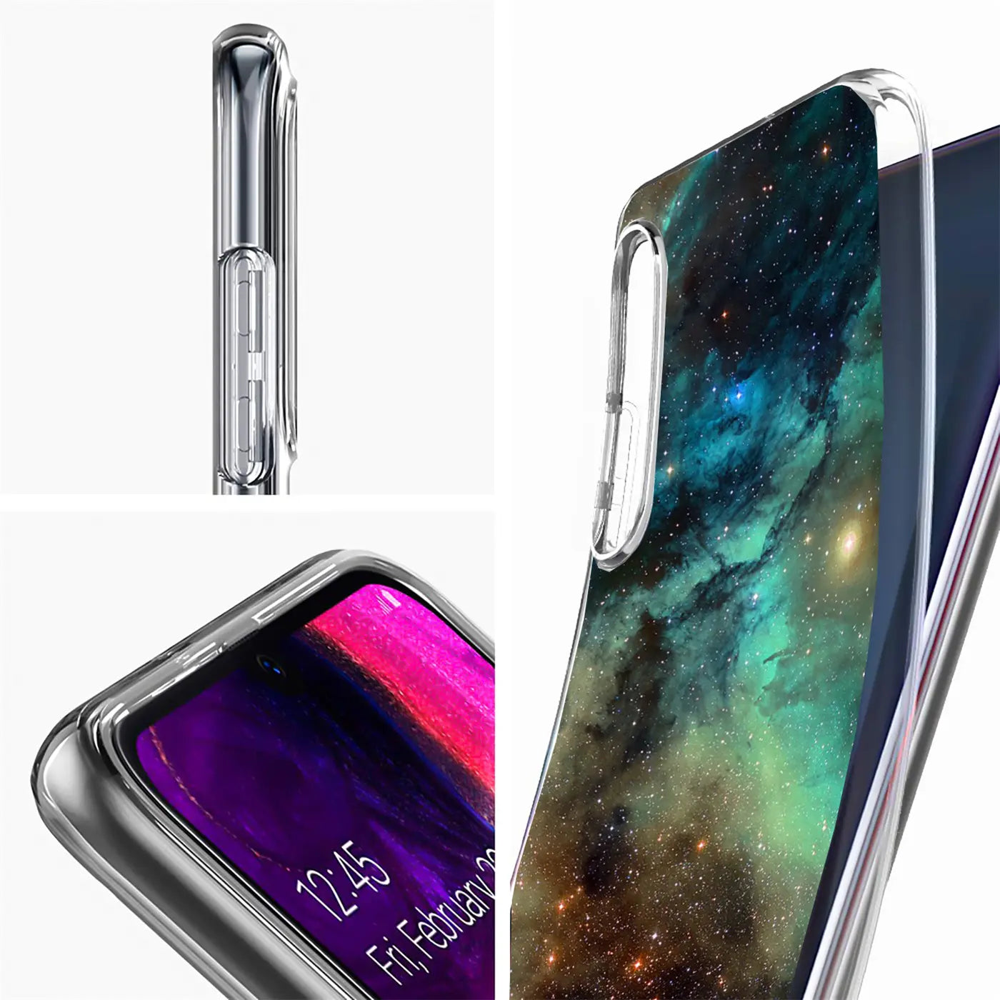 Transparente TPU-Hülle mit Weltraum-Motiv, zeigt Samsung Galaxy S21.