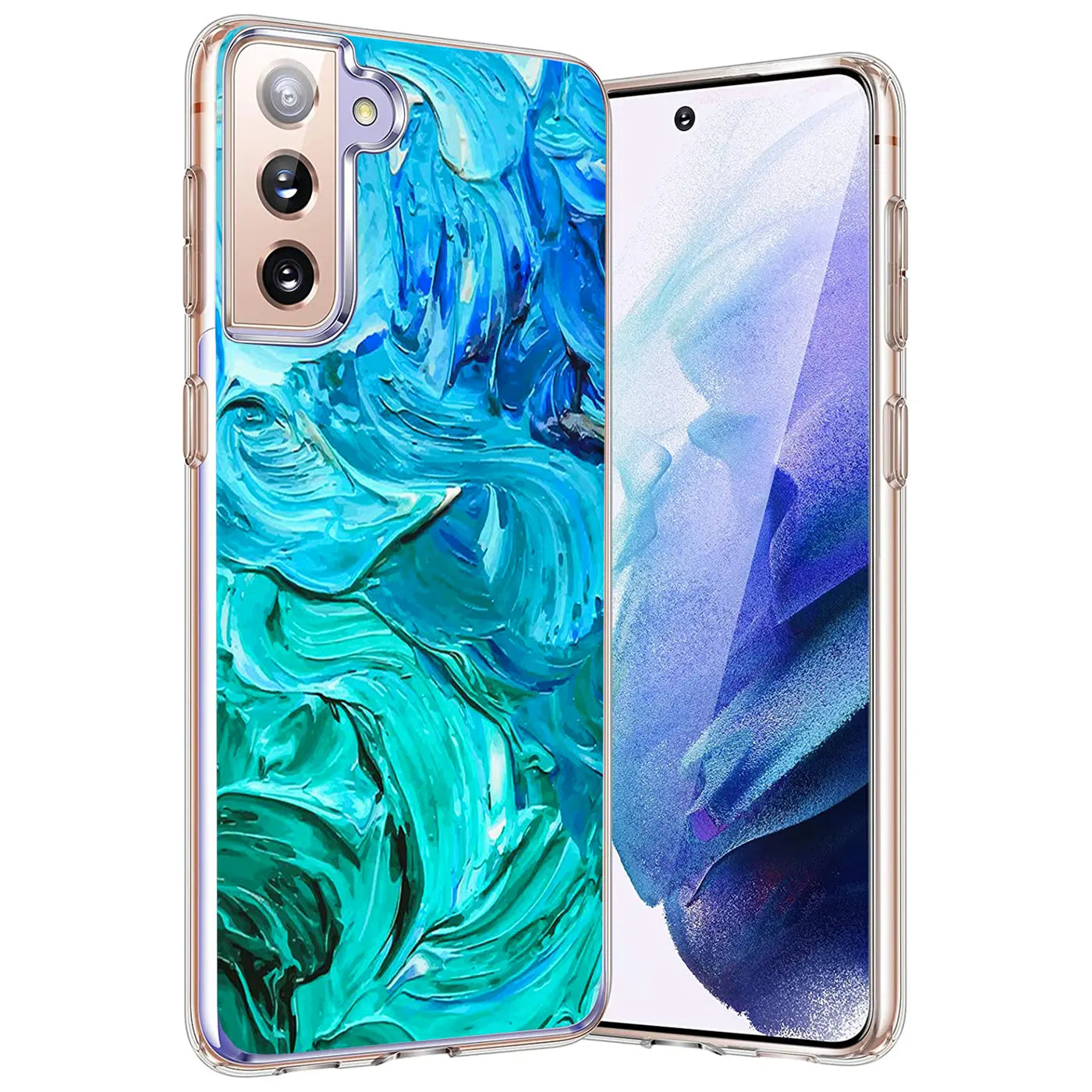 TPU Hülle mit blau-grünem Motivdruck auf Samsung Galaxy S21, von vorne links