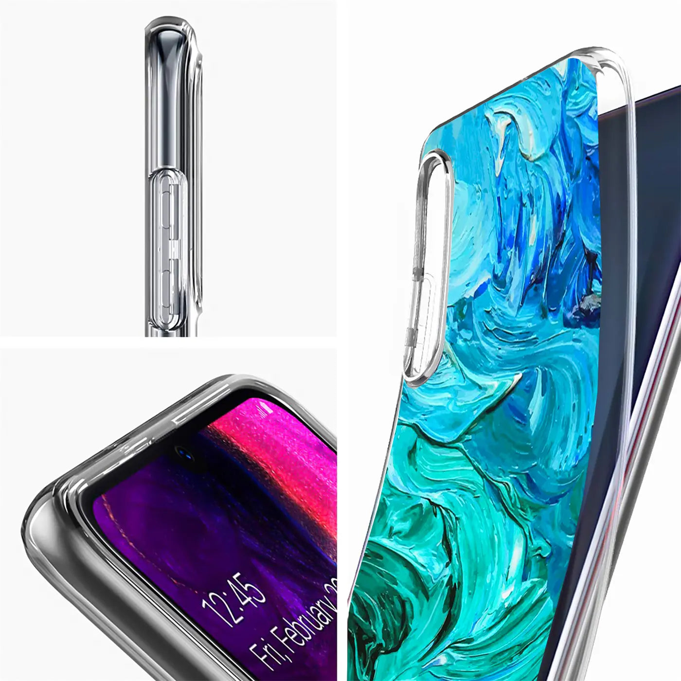 Transparente TPU-Hülle mit blau-grünem Farbmuster auf Samsung Galaxy S21.