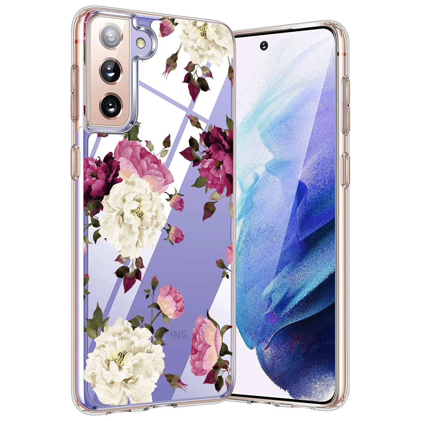 TPU Hülle mit Blumenmuster für Samsung Galaxy S21, transparent, von vorne links