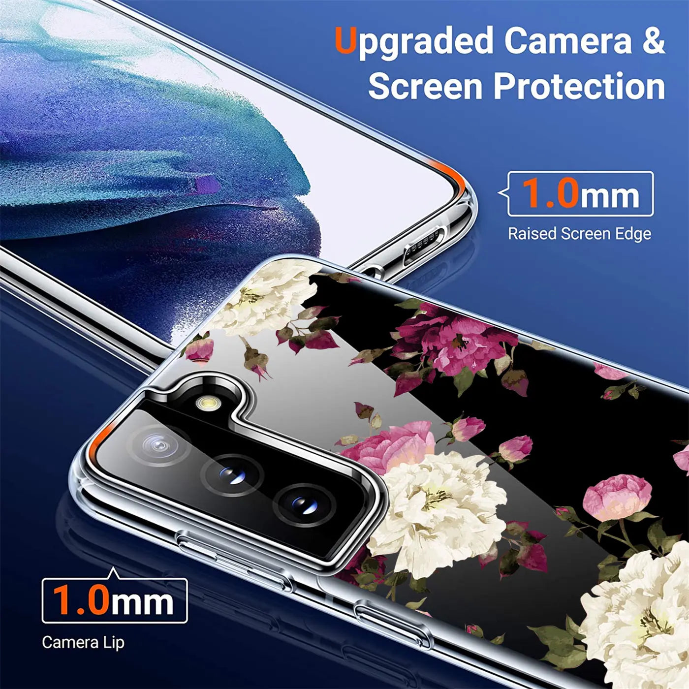 Samsung Galaxy S21 Hülle, transparentes TPU mit Blumenmuster, Nahaufnahme