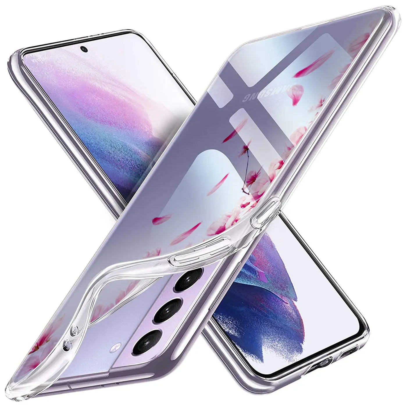 Transparente TPU-Hülle mit rosa Blütenmuster auf Samsung Galaxy S21, Seitenansicht.