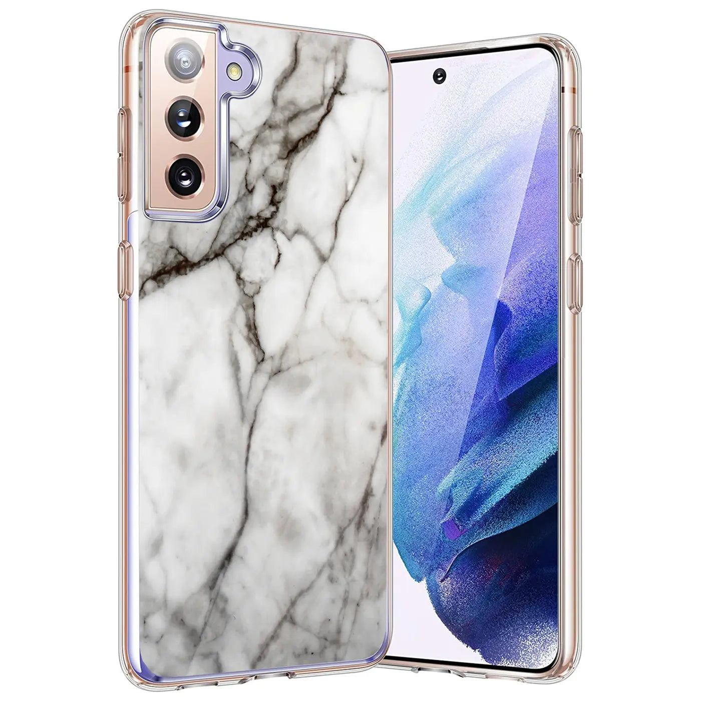Samsung Galaxy S21 Hülle, Marmormuster, TPU, von vorne links, mit Gerät