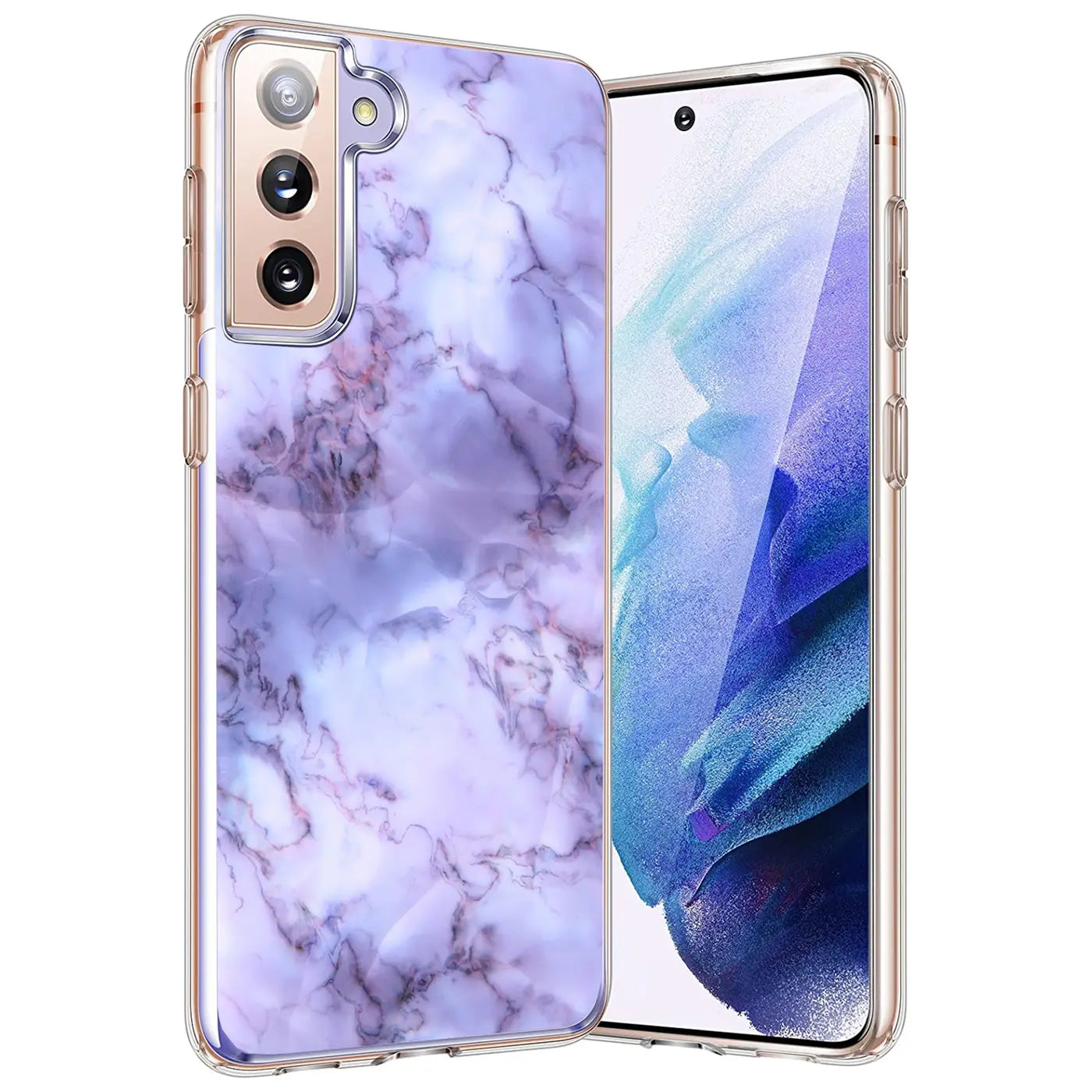 Lila Marmor TPU Hülle auf Samsung Galaxy S21, von vorne links
