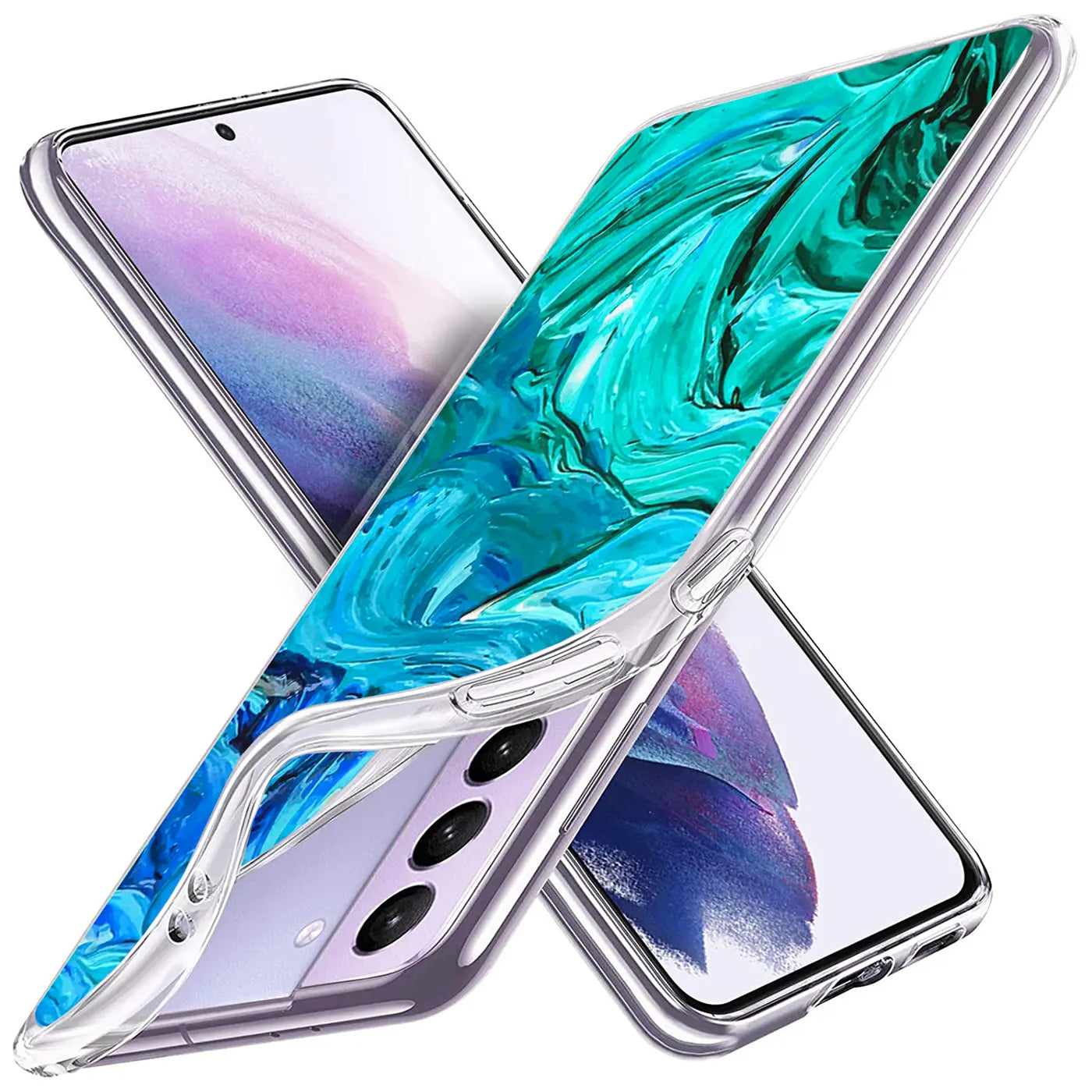 Samsung Galaxy S21 Plus Hülle, TPU, blau/grün gemustert, von vorne schräg