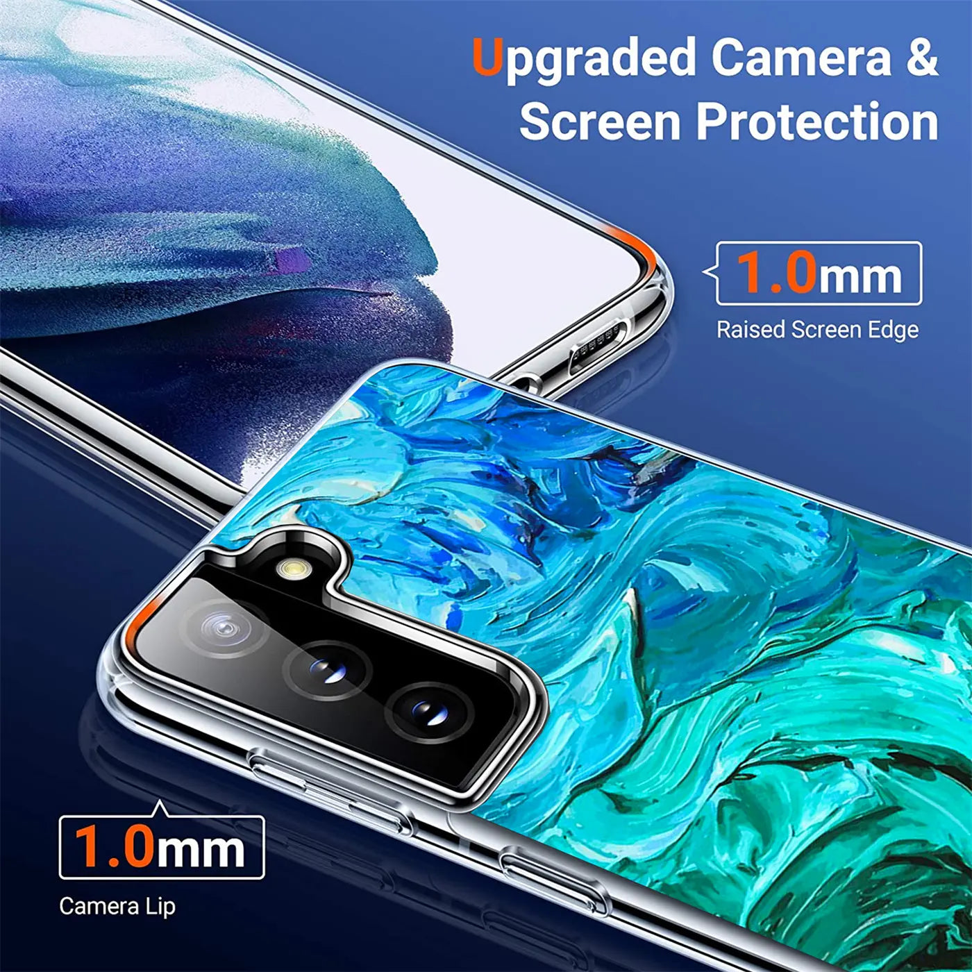 Samsung S21 Plus mit blauer Marmor-TPU-Hülle, Rückansicht, Nahaufnahme.