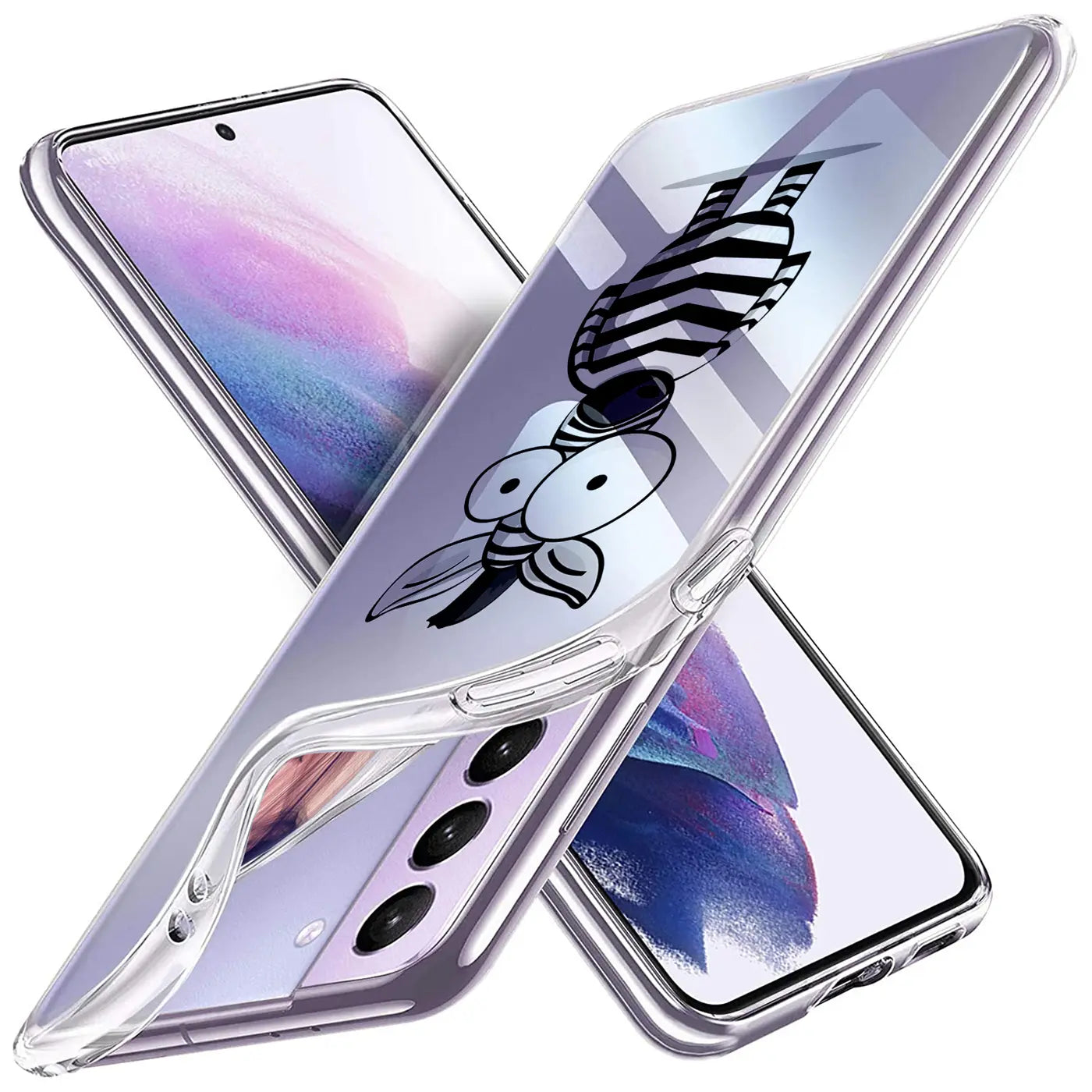 Transparente TPU-Hülle mit Comic-Motiv auf Samsung Galaxy S21 Plus, von vorne schräg