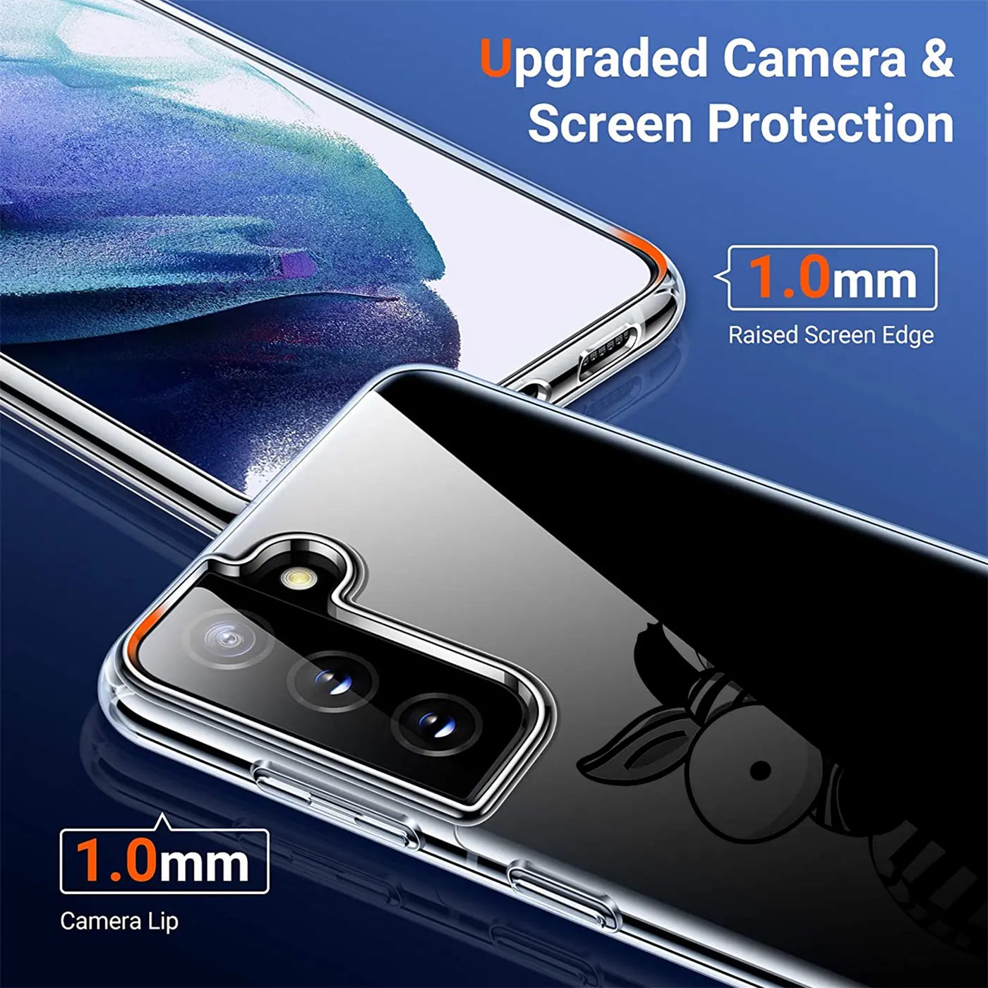Samsung Galaxy S21 Plus, transparente TPU-Hülle mit Motiv, Nahaufnahme der Rückseite