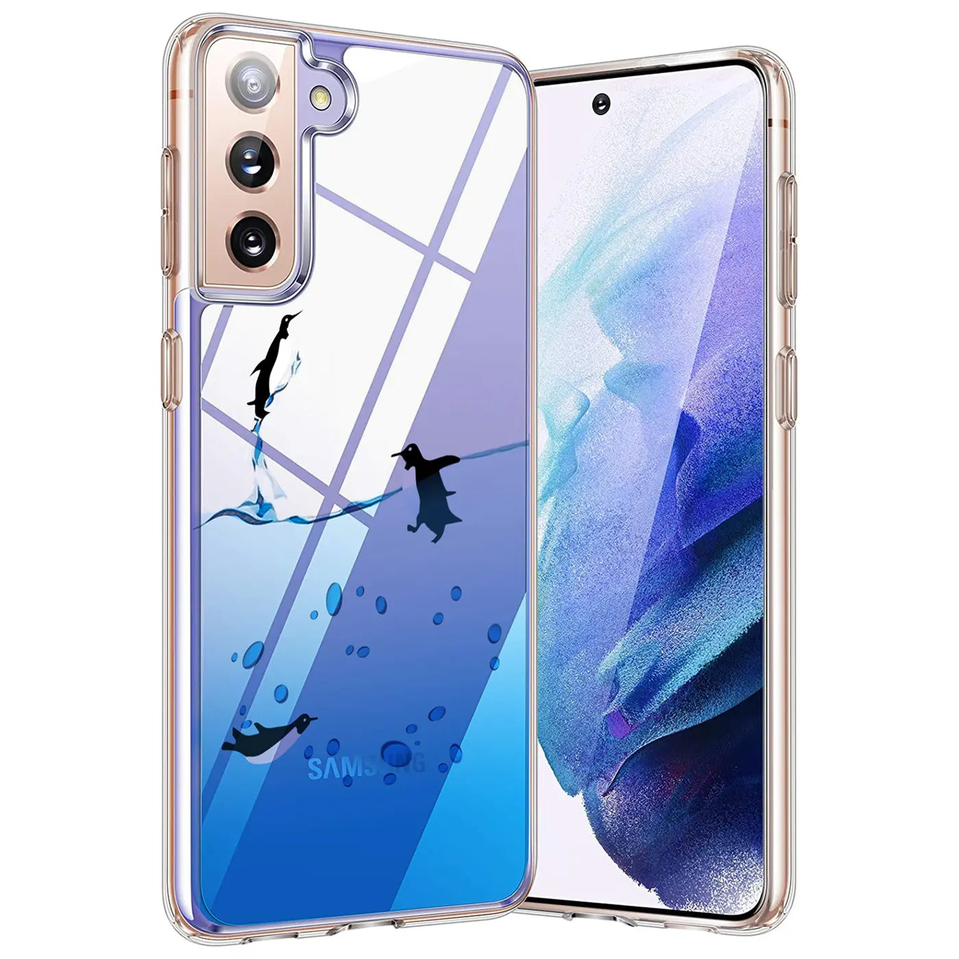 Transparente TPU-Hülle mit Pinguinmotiv auf Samsung Galaxy S21 Plus, von vorne