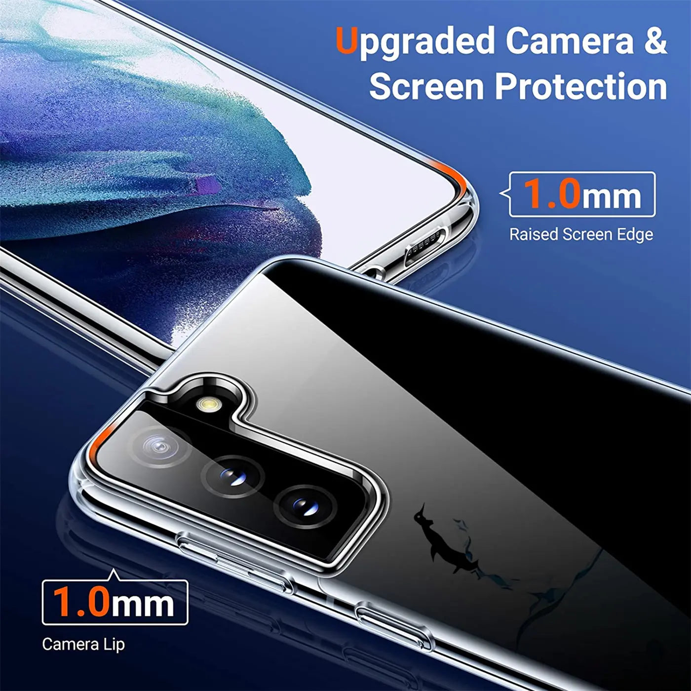 Transparente TPU-Hülle mit orangefarbenem Rand, zeigt Rückseite eines Samsung Galaxy S21 Plus.