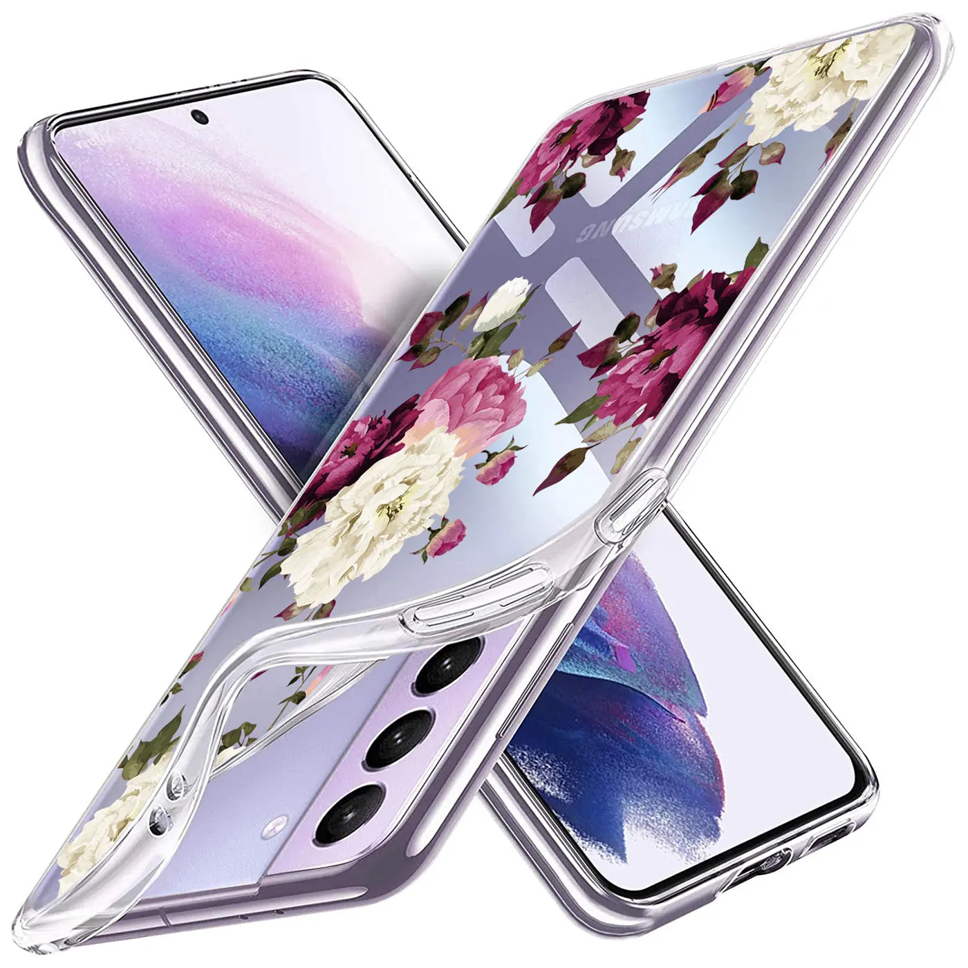Transparente TPU-Hülle mit Blumenmuster, zeigt Samsung S21 Plus von schräg oben.