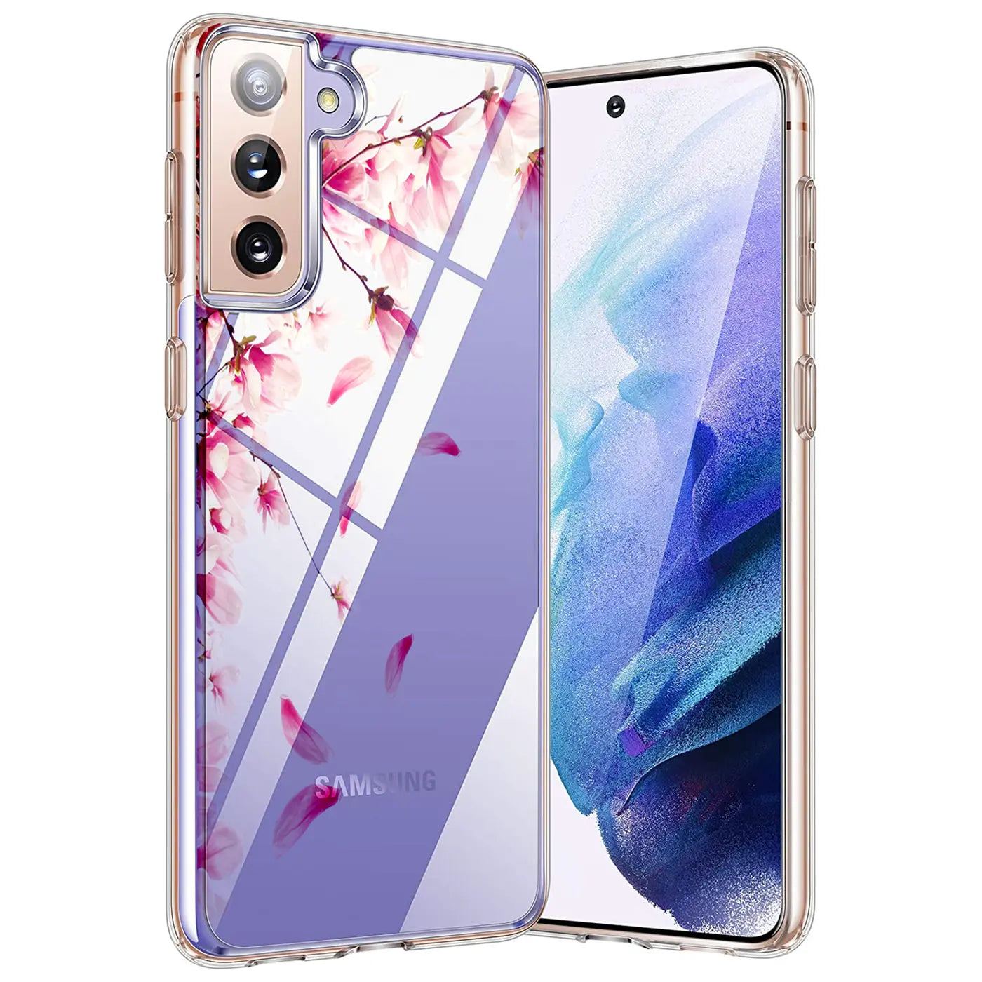 Samsung S21 Plus mit transparenter TPU-Hülle, Blumenmotiv, von vorne links