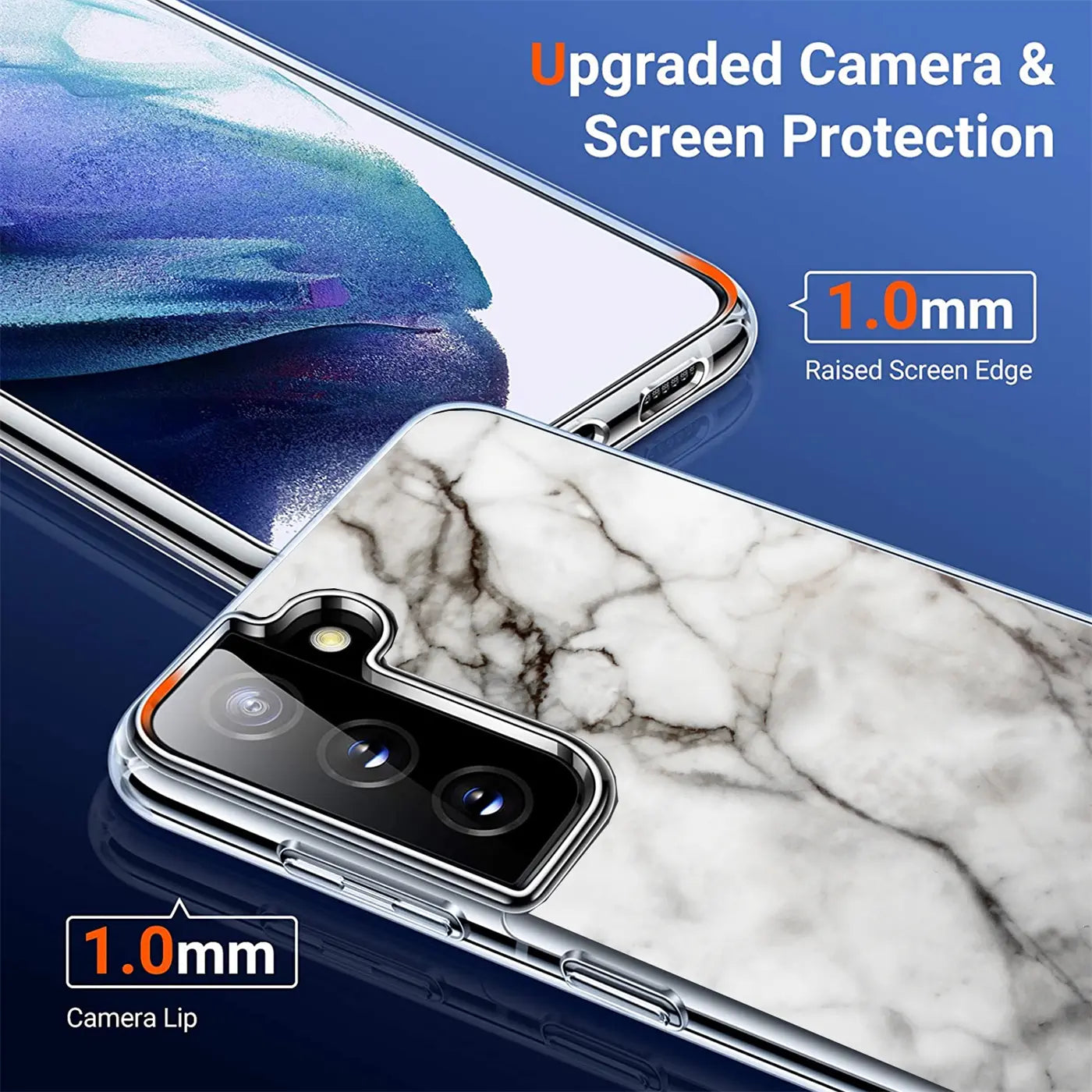 Samsung S21 Plus Hülle, Marmormuster, TPU, Nahaufnahme, Kamera-Detail