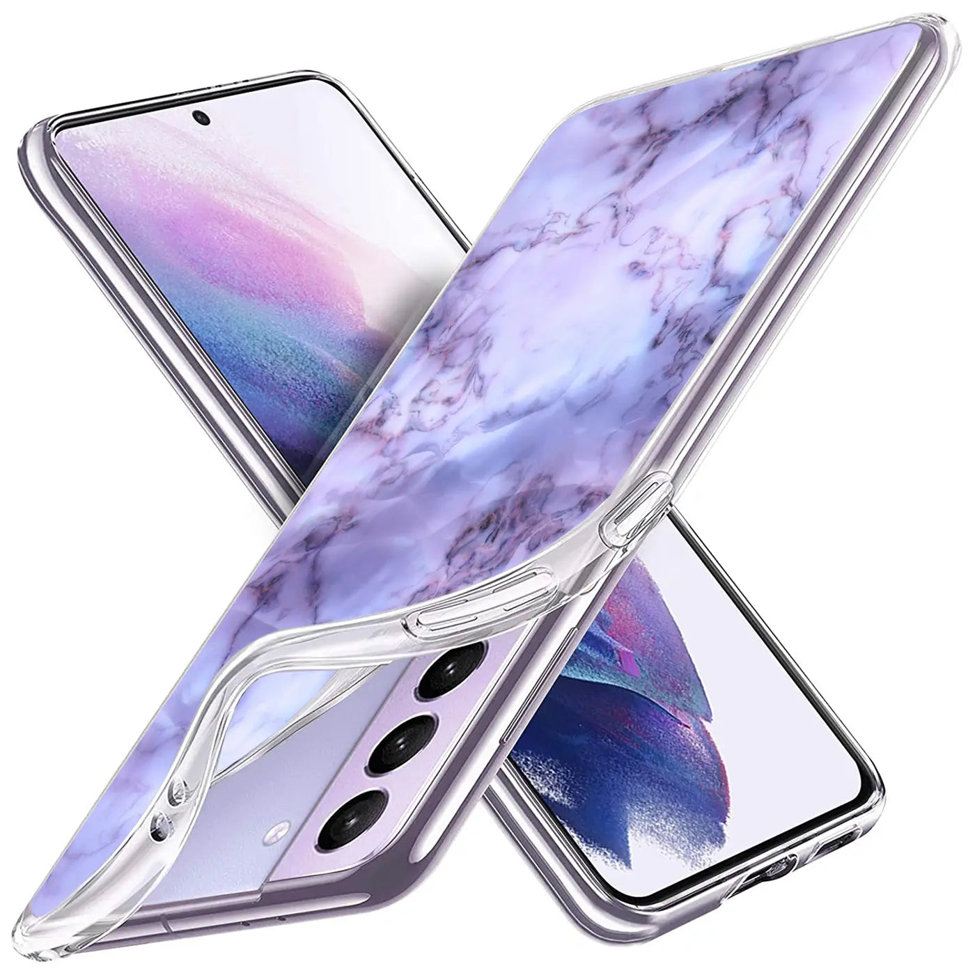 Lila Marmor TPU Hülle auf Samsung S21 Plus, von schräg oben