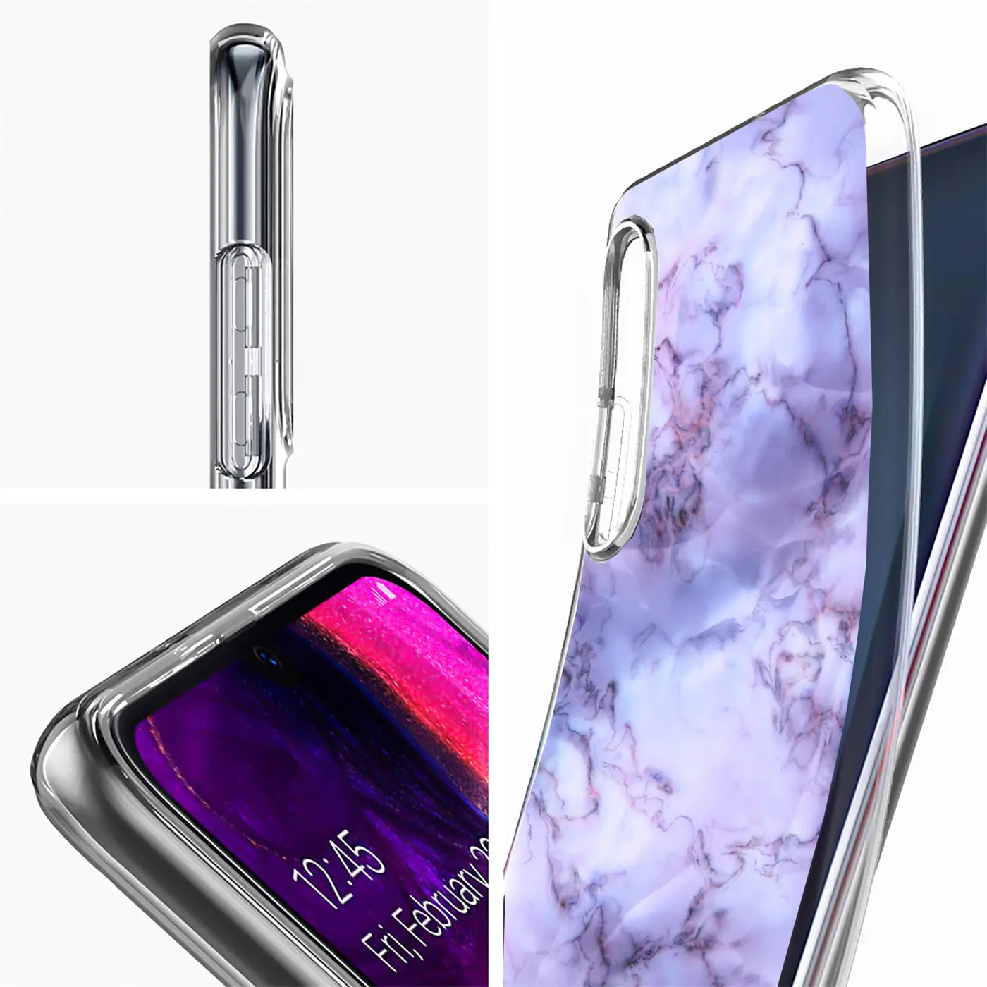 Lila Marmor TPU Hülle, Seitenansicht/Nahaufnahme, Samsung Galaxy S21 Plus.