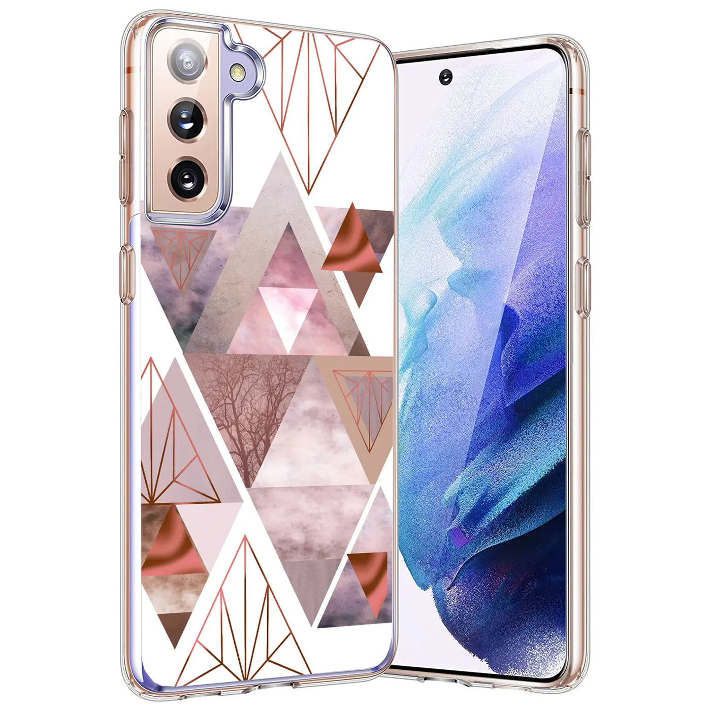 TPU Hülle mit geometrischem Muster in Rosa/Braun auf Samsung S21 Plus, von vorne