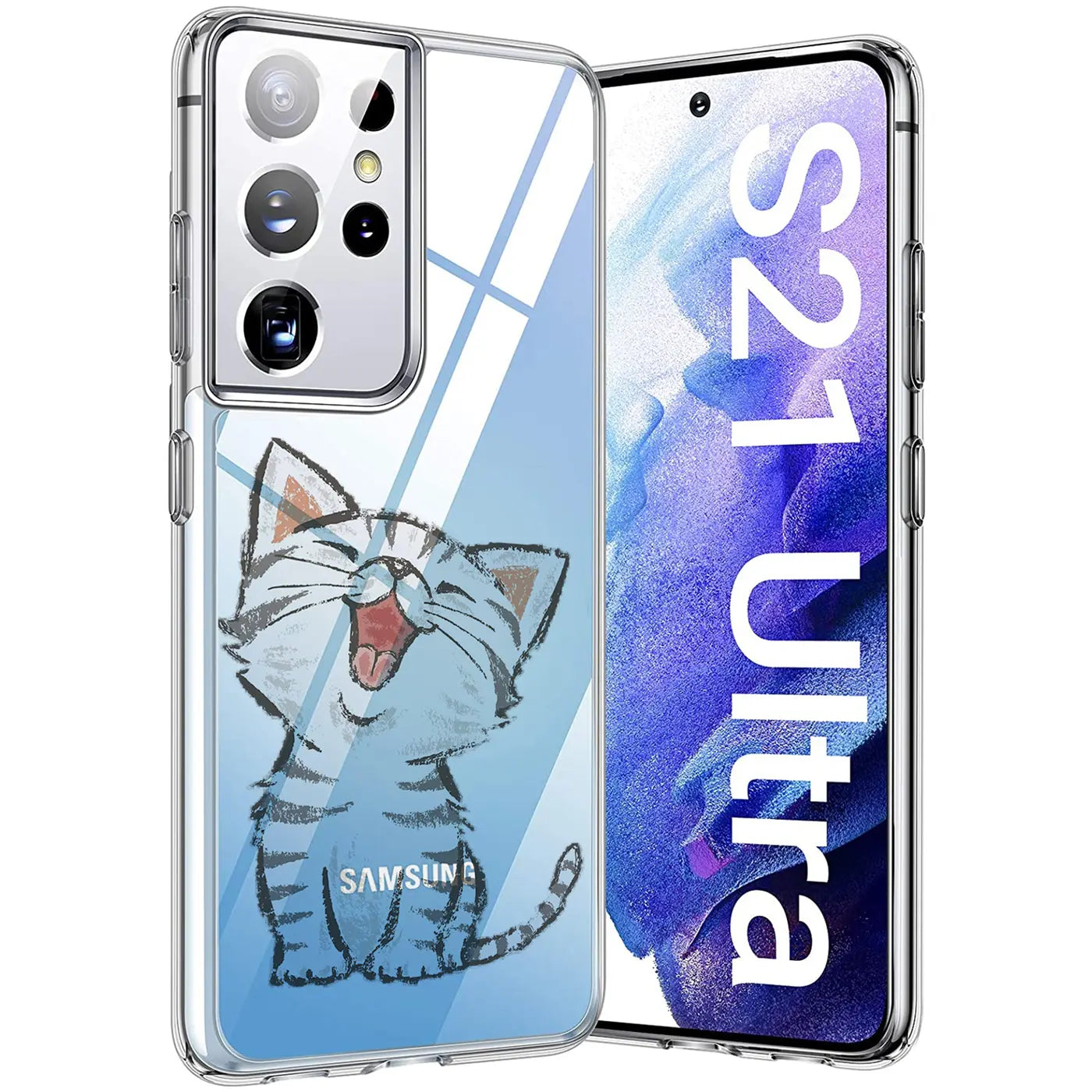 Transparente TPU-Hülle mit Katzenmotiv auf Samsung S21 Ultra, von vorne