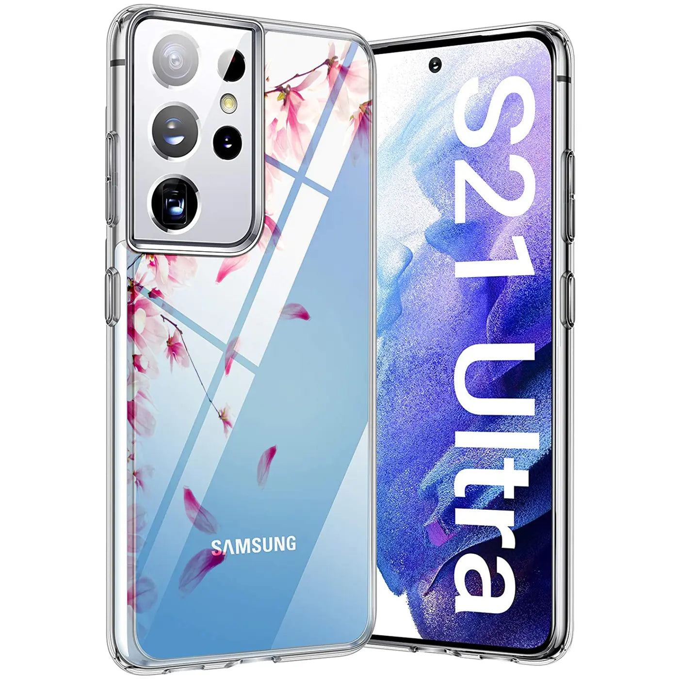 Transparente TPU-Hülle mit Blumenmotiv auf Samsung Galaxy S21 Ultra, Vorderansicht.