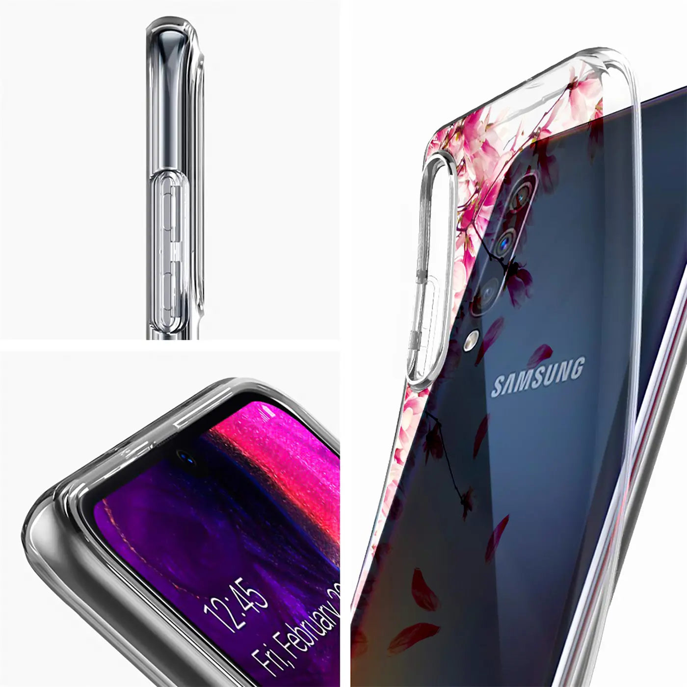 Transparente TPU-Hülle mit Blumenmuster auf Samsung Galaxy S21 Ultra, Seitenansicht.