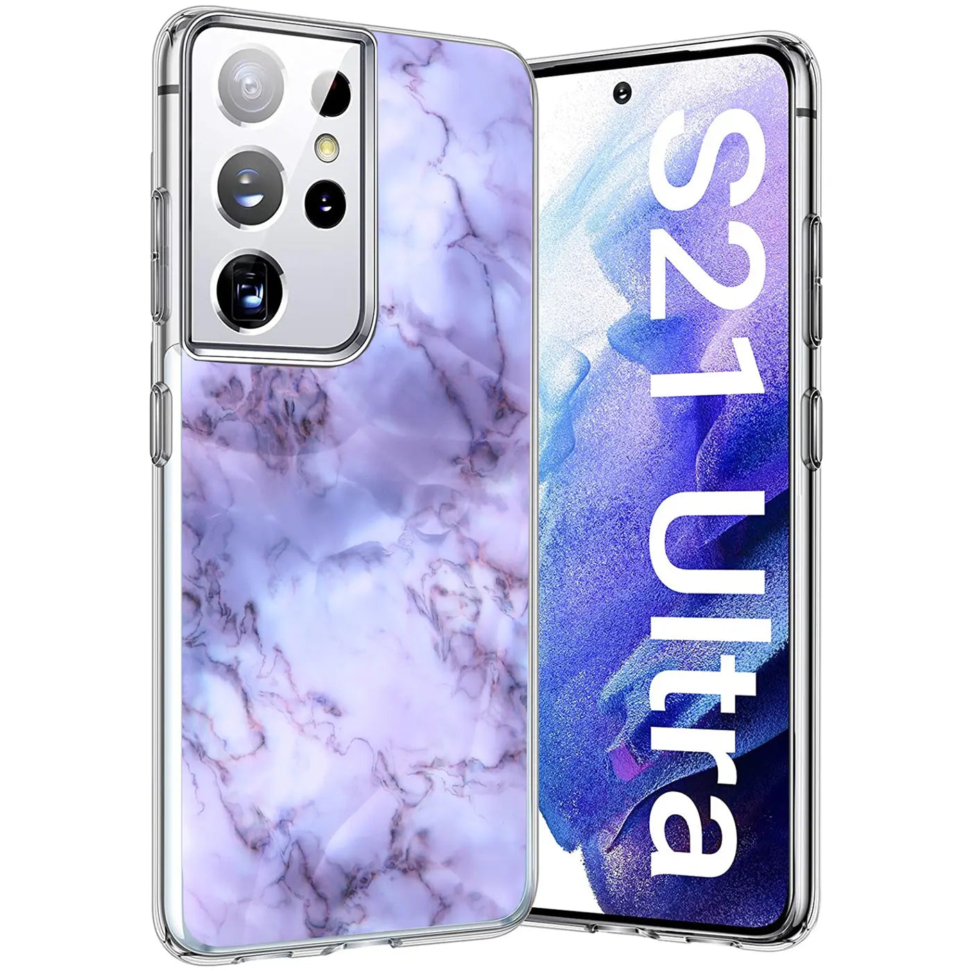Lila Marmor TPU Hülle mit Samsung S21 Ultra, Vorder- und Rückansicht.